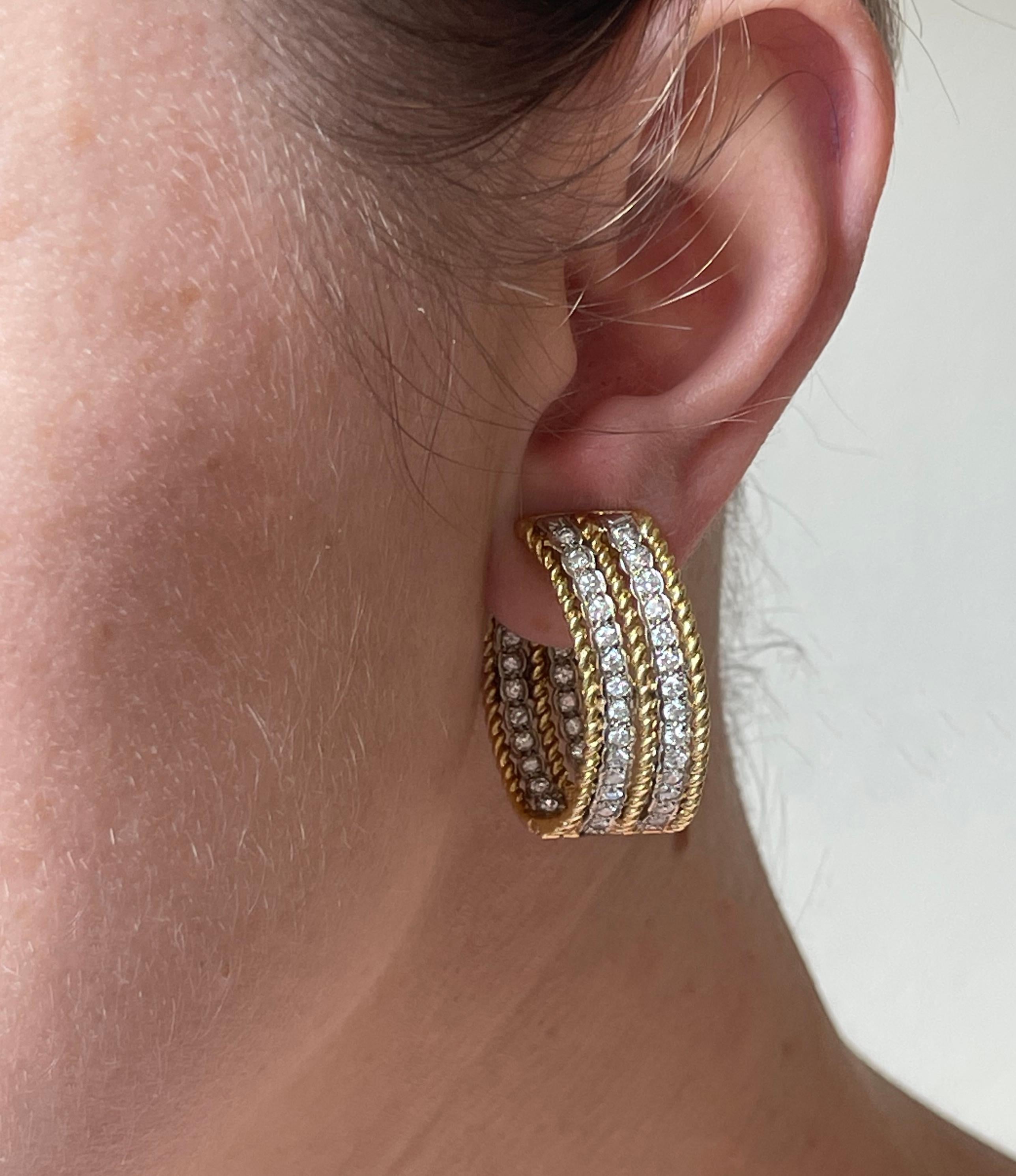 Round Cut 1960s Diamond Gold Hoop Earrings For Sale