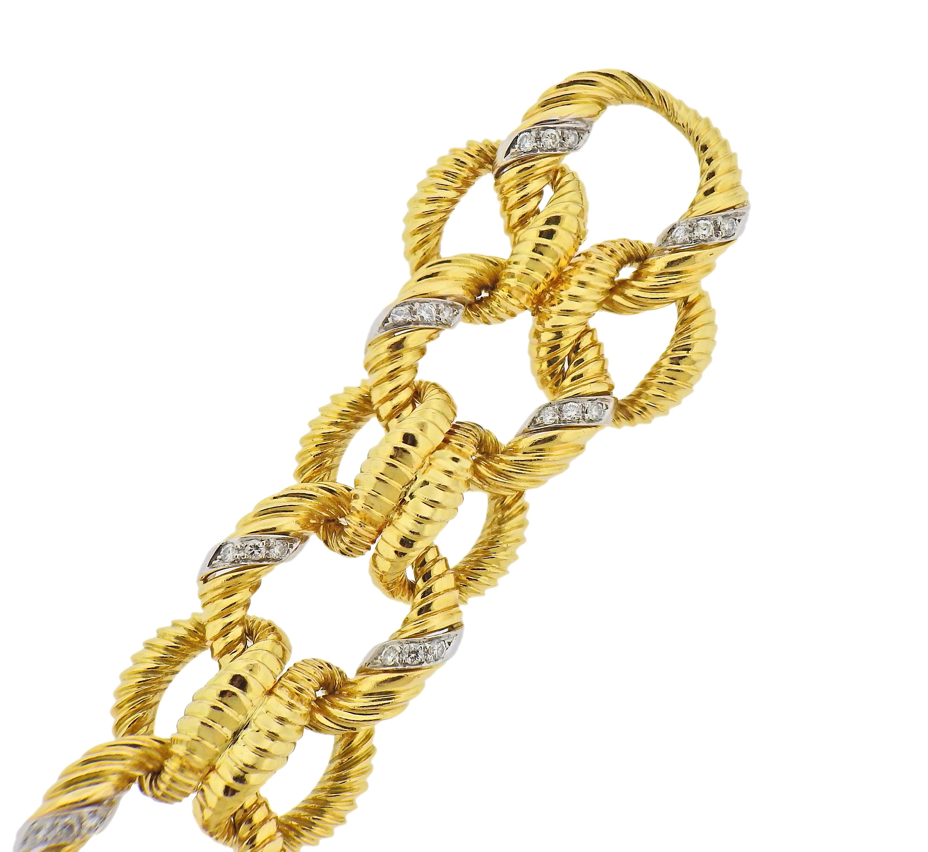 Chunky circa 1960s 18k gold bracelet with approximately 0.90ctw in diamonds. Bracelet is 8.75