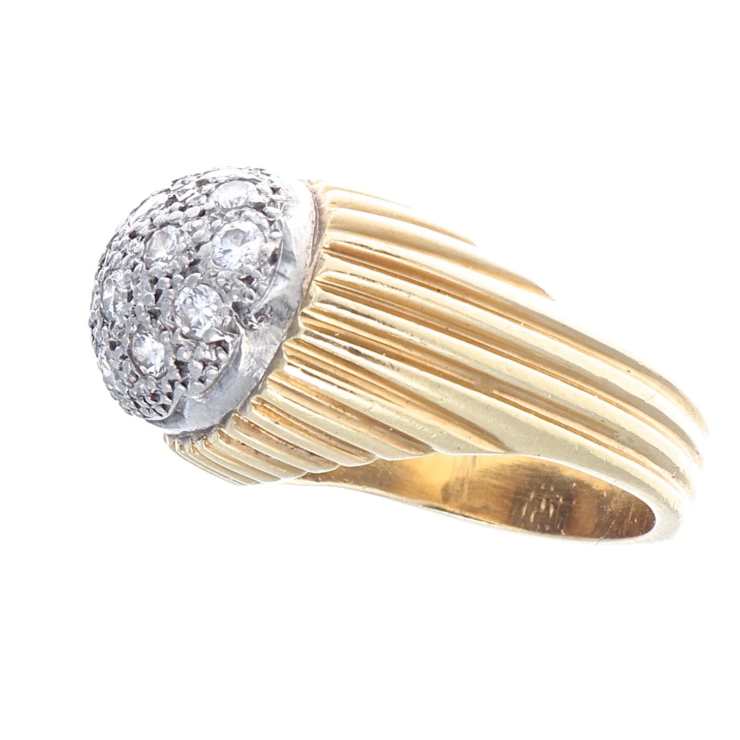 Expression through stylistic design. Featuring an 18k ribbed gold ring with a lively dome of diamonds that are set in platinum . 

Ring size 4-3/4 and can easily be resized to fit, if needed this would come complimentary with your purchase.