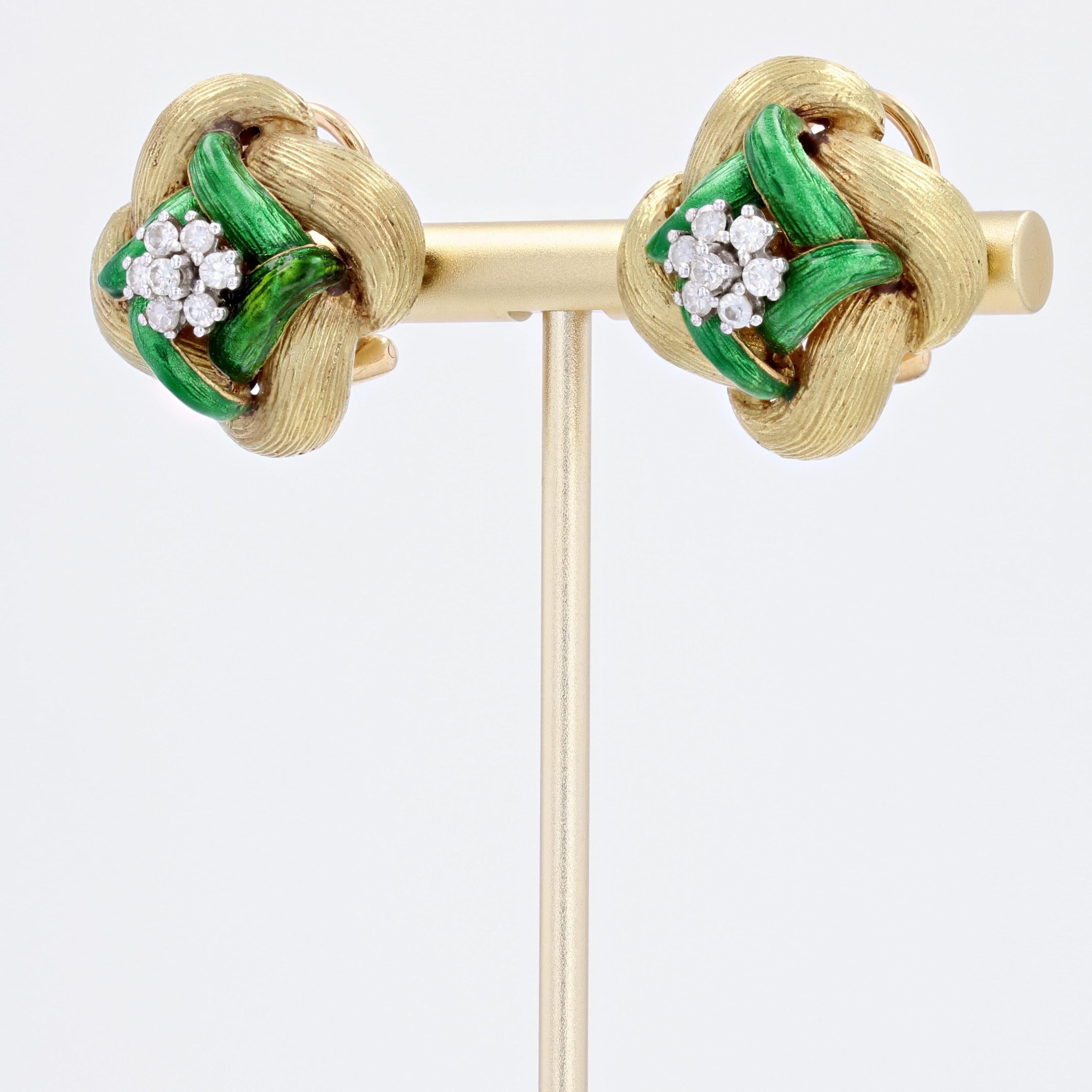 Diamant-Ohrringe aus 18 Karat Gelbgold mit grüner Emaille, 1960er Jahre (Retro) im Angebot