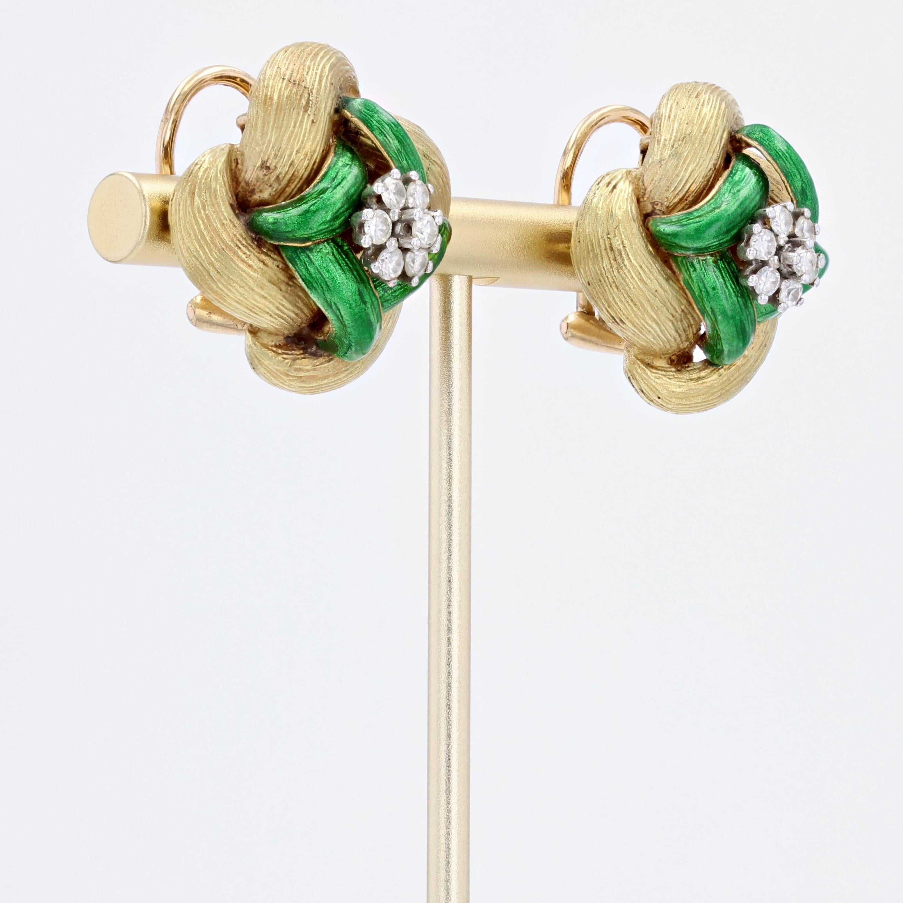 Diamant-Ohrringe aus 18 Karat Gelbgold mit grüner Emaille, 1960er Jahre (Brillantschliff) im Angebot