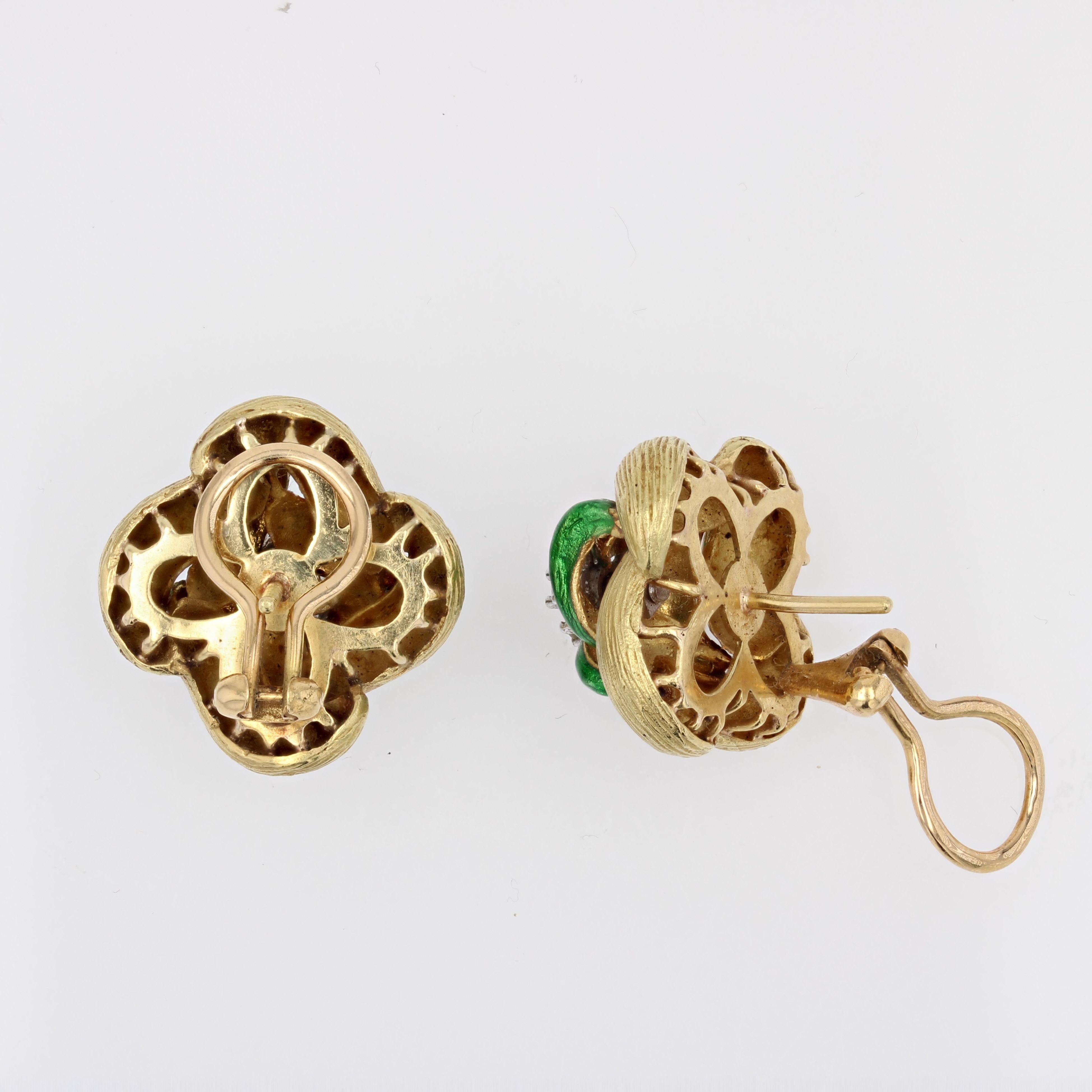 Diamant-Ohrringe aus 18 Karat Gelbgold mit grüner Emaille, 1960er Jahre im Angebot 2
