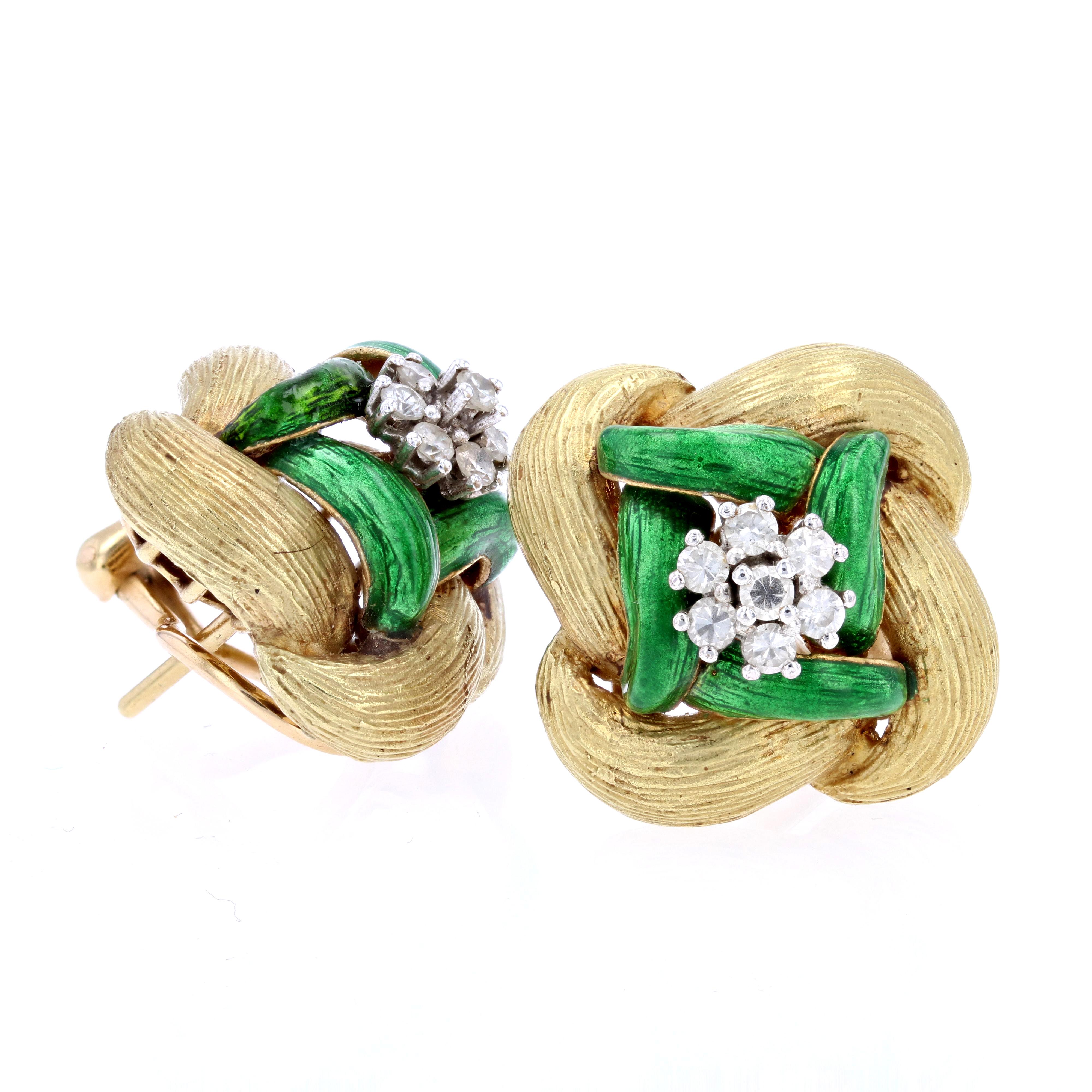 Diamant-Ohrringe aus 18 Karat Gelbgold mit grüner Emaille, 1960er Jahre im Angebot 3