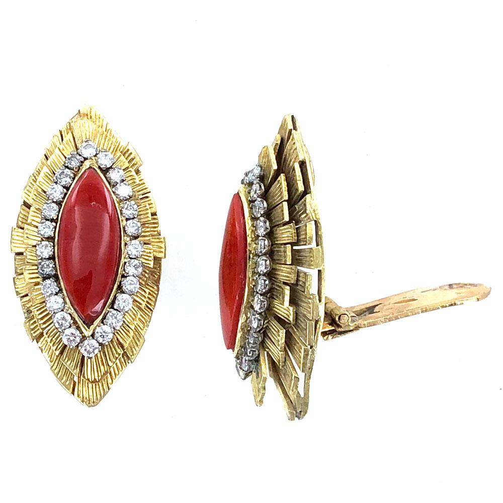 Modern 1960s Diamond Italian Red Coral 18 Karat Yellow Gold Clip Earrings