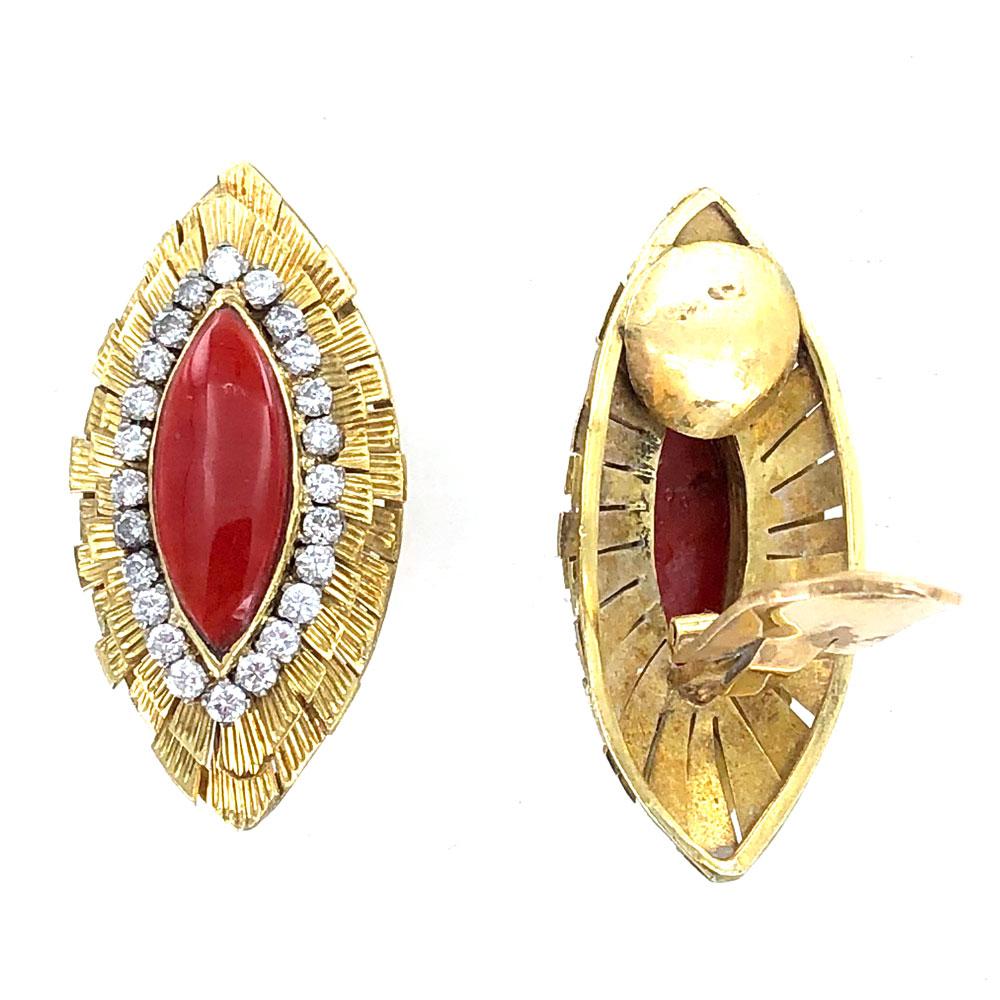 Round Cut 1960s Diamond Italian Red Coral 18 Karat Yellow Gold Clip Earrings