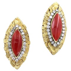 1960s Diamond Italian Red Coral 18 Karat Yellow Gold Clip Earrings