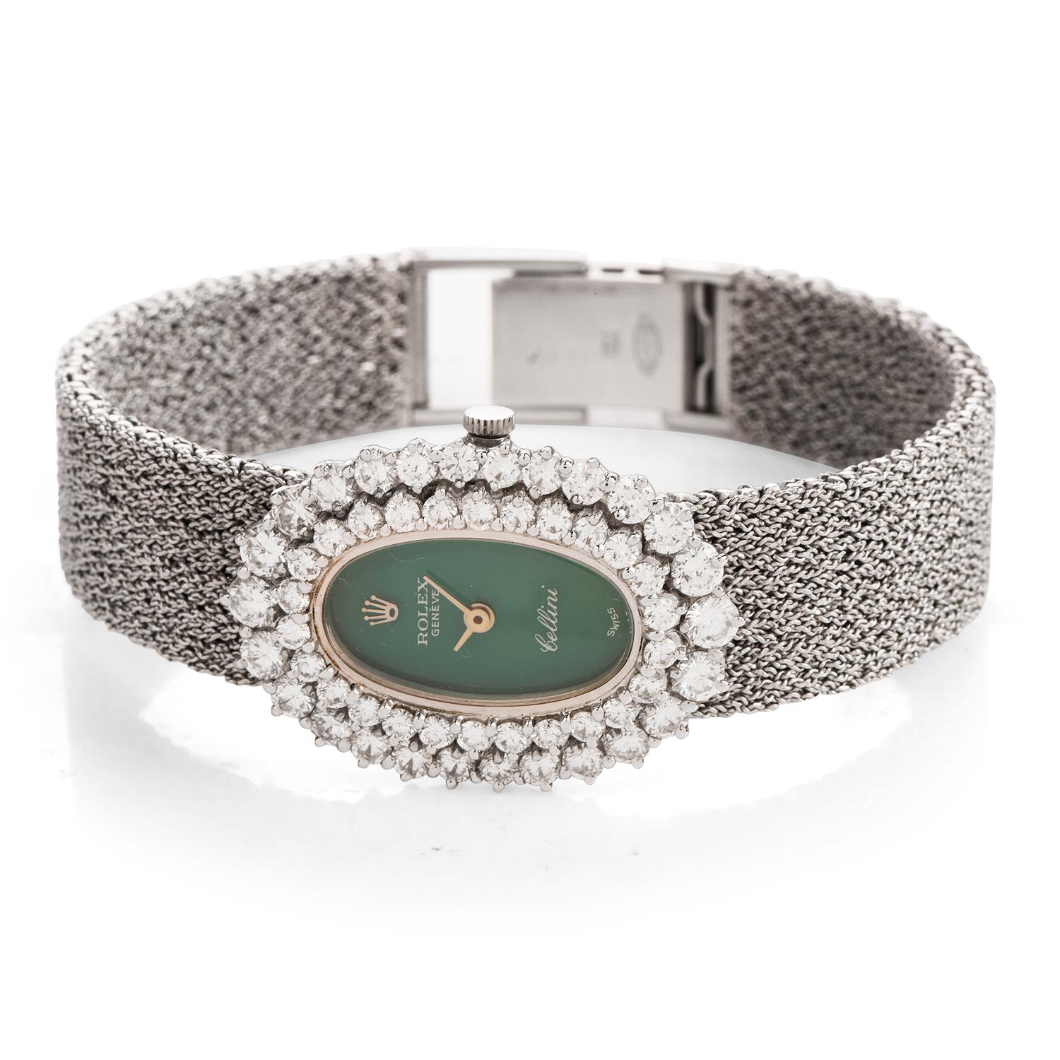 Retro 1960s Diamond Jade Cellini Mechanical 18 Karat White Gold Ladies Watch