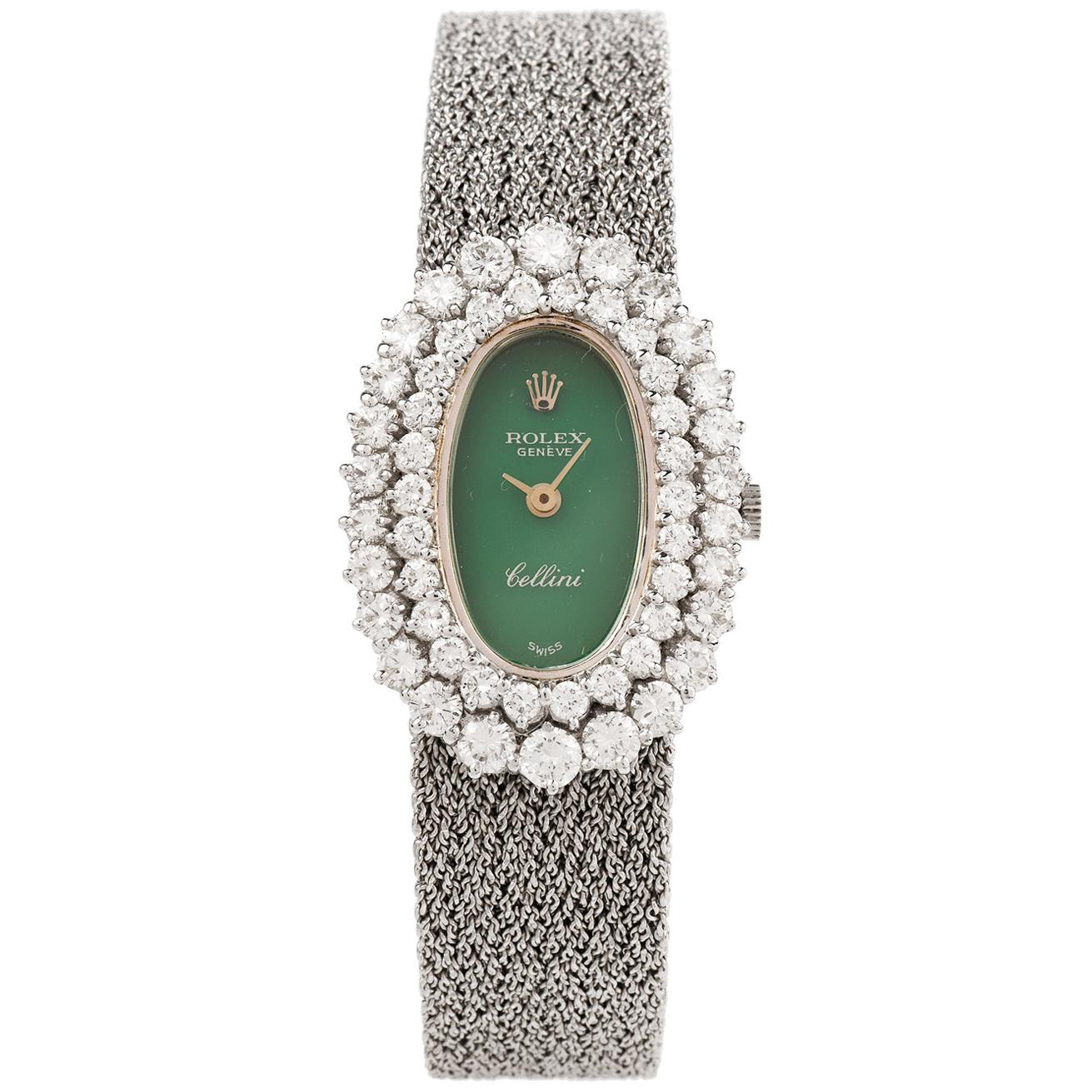 1960s Diamond Jade Cellini Mechanical 18 Karat White Gold Ladies Watch