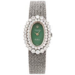 Vintage 1960s Diamond Jade Cellini Mechanical 18 Karat White Gold Ladies Watch