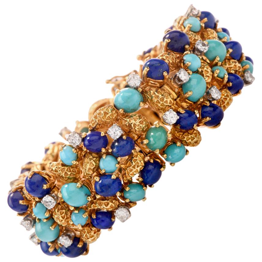 1960s Diamond Lapis Turquoise 18 Karat Nugget Gold Wide Bracelet