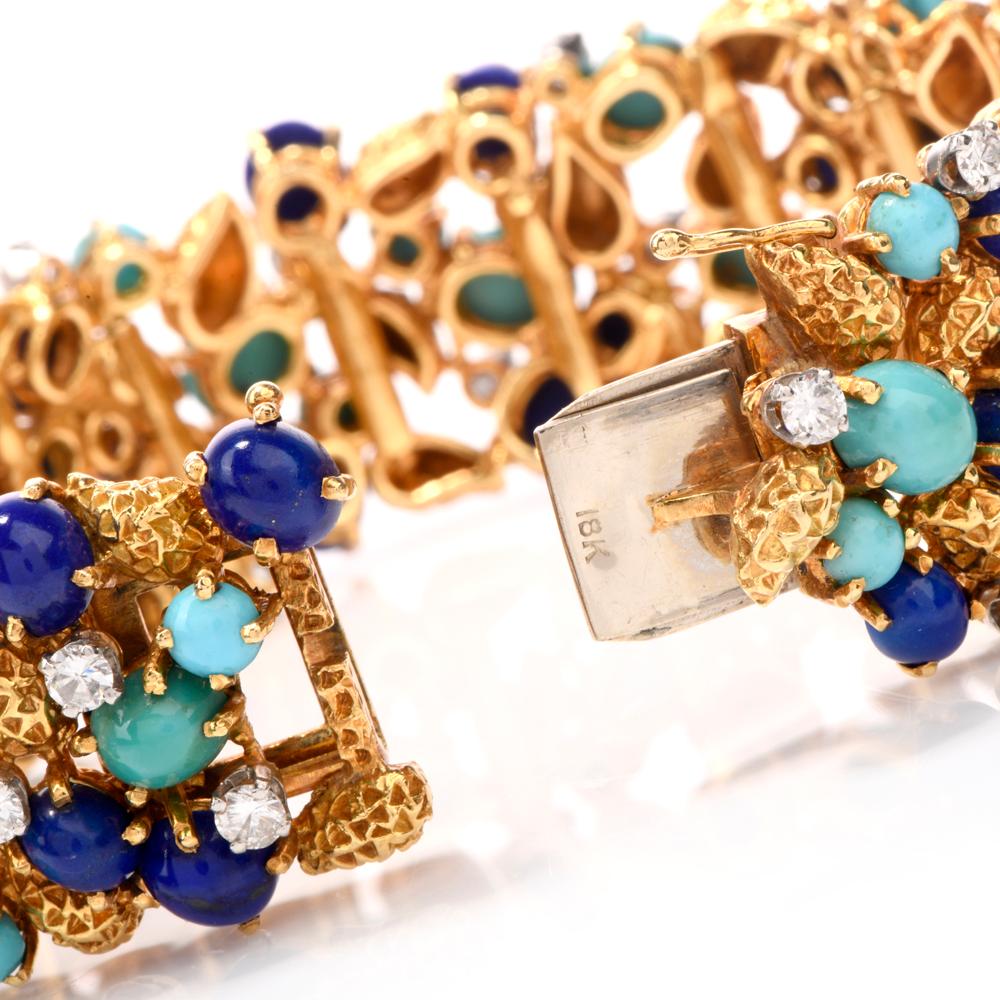 Modern 1960s Diamond Lapis Turquoise 18 Karat Nugget Gold Wide Bracelet