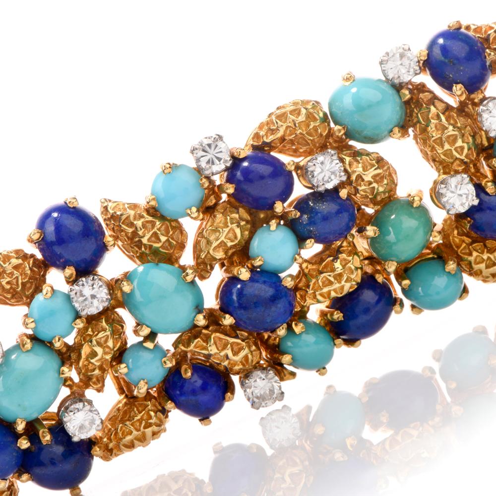 1960s Diamond Lapis Turquoise 18 Karat Nugget Gold Wide Bracelet In Excellent Condition In Miami, FL