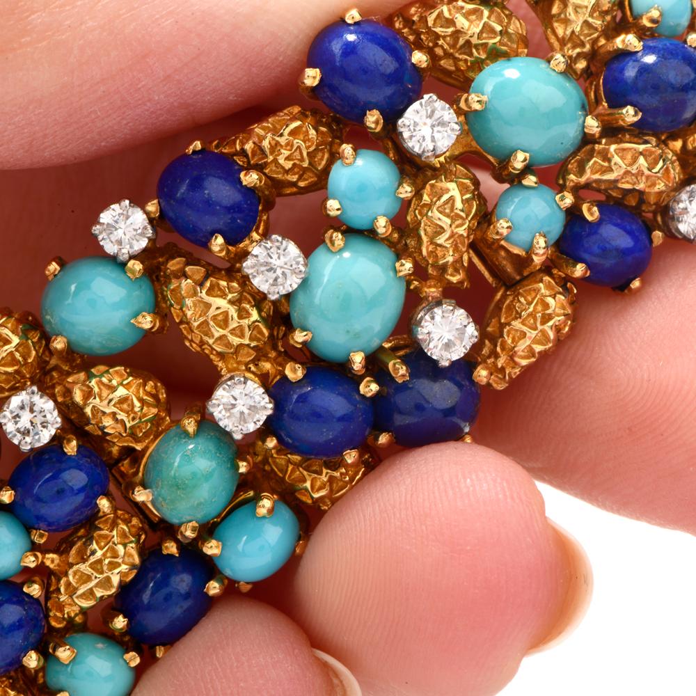 Women's 1960s Diamond Lapis Turquoise 18 Karat Nugget Gold Wide Bracelet