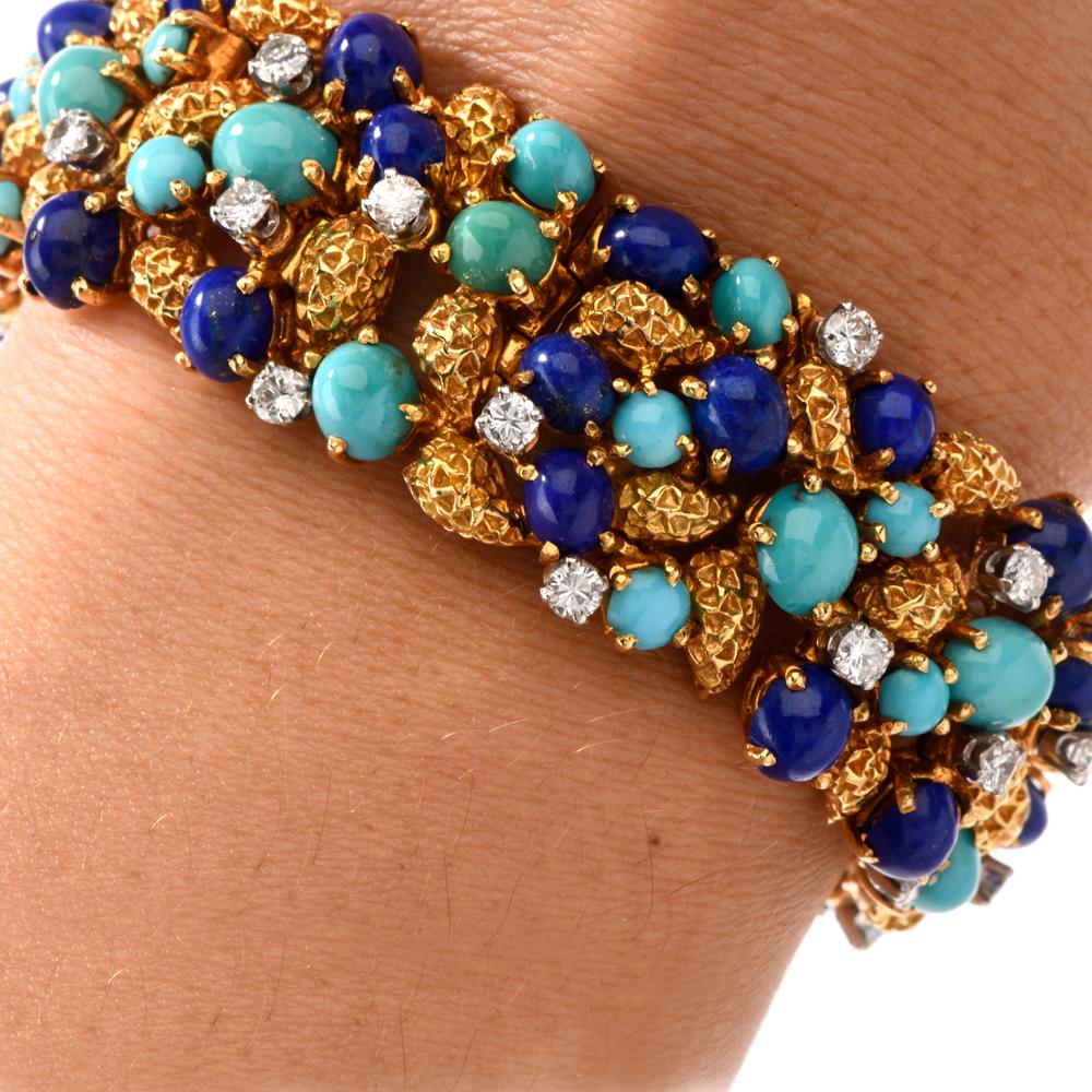 1960s Diamond Lapis Turquoise 18 Karat Nugget Gold Wide Bracelet 1