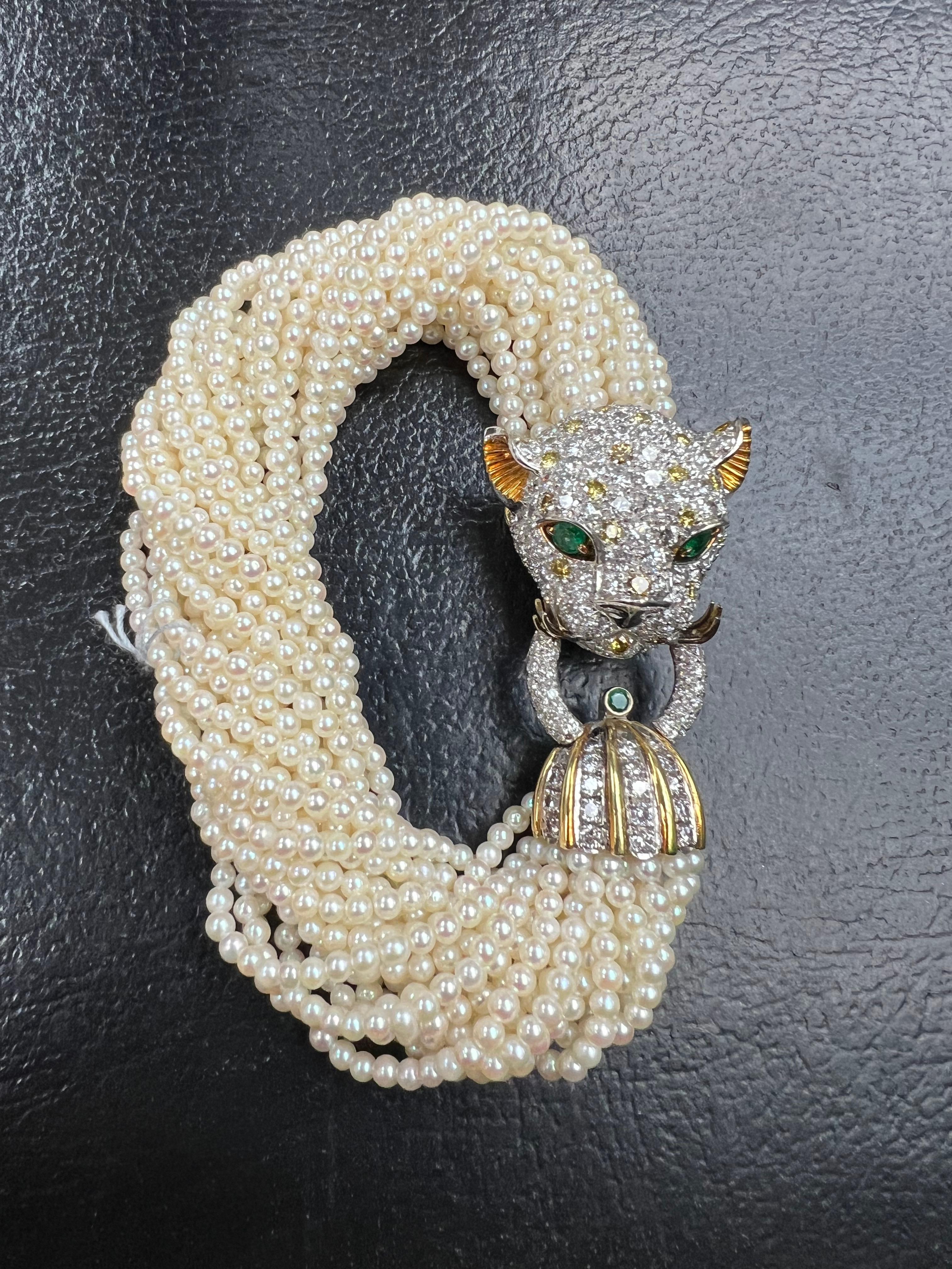 1960s Diamond Leopard Head Pearl And Gold Torsade Bracelet 5