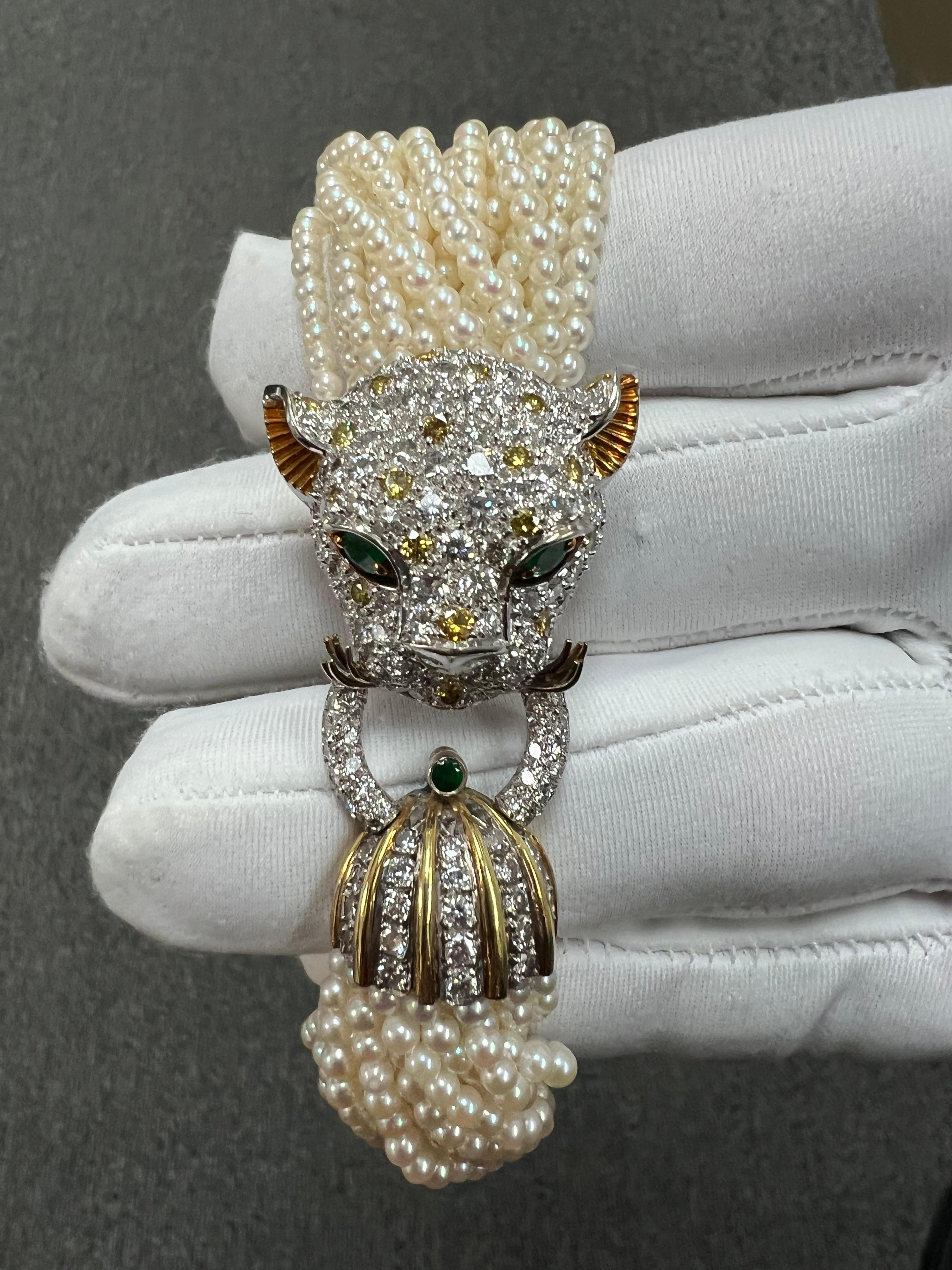 1960s Diamond Leopard Head Pearl And Gold Torsade Bracelet 6