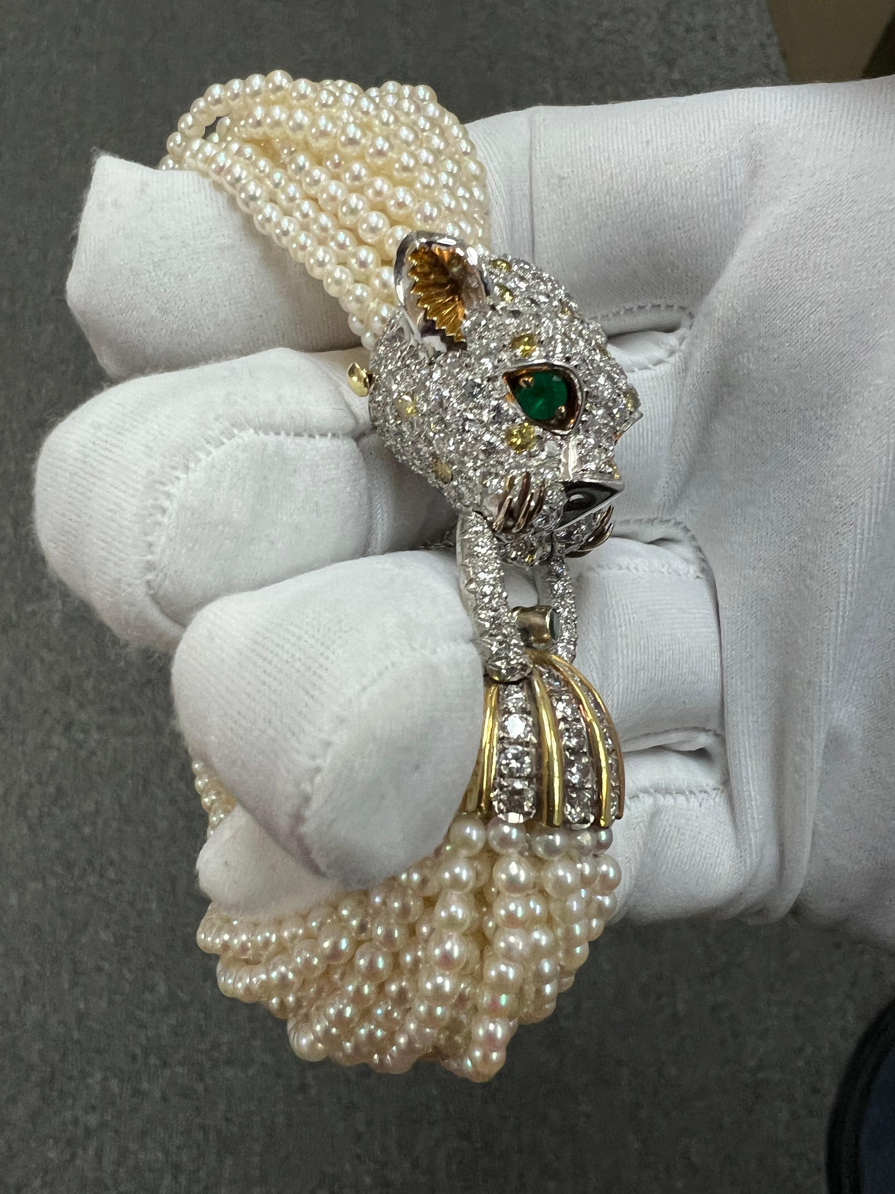 1960s Diamond Leopard Head Pearl And Gold Torsade Bracelet 7