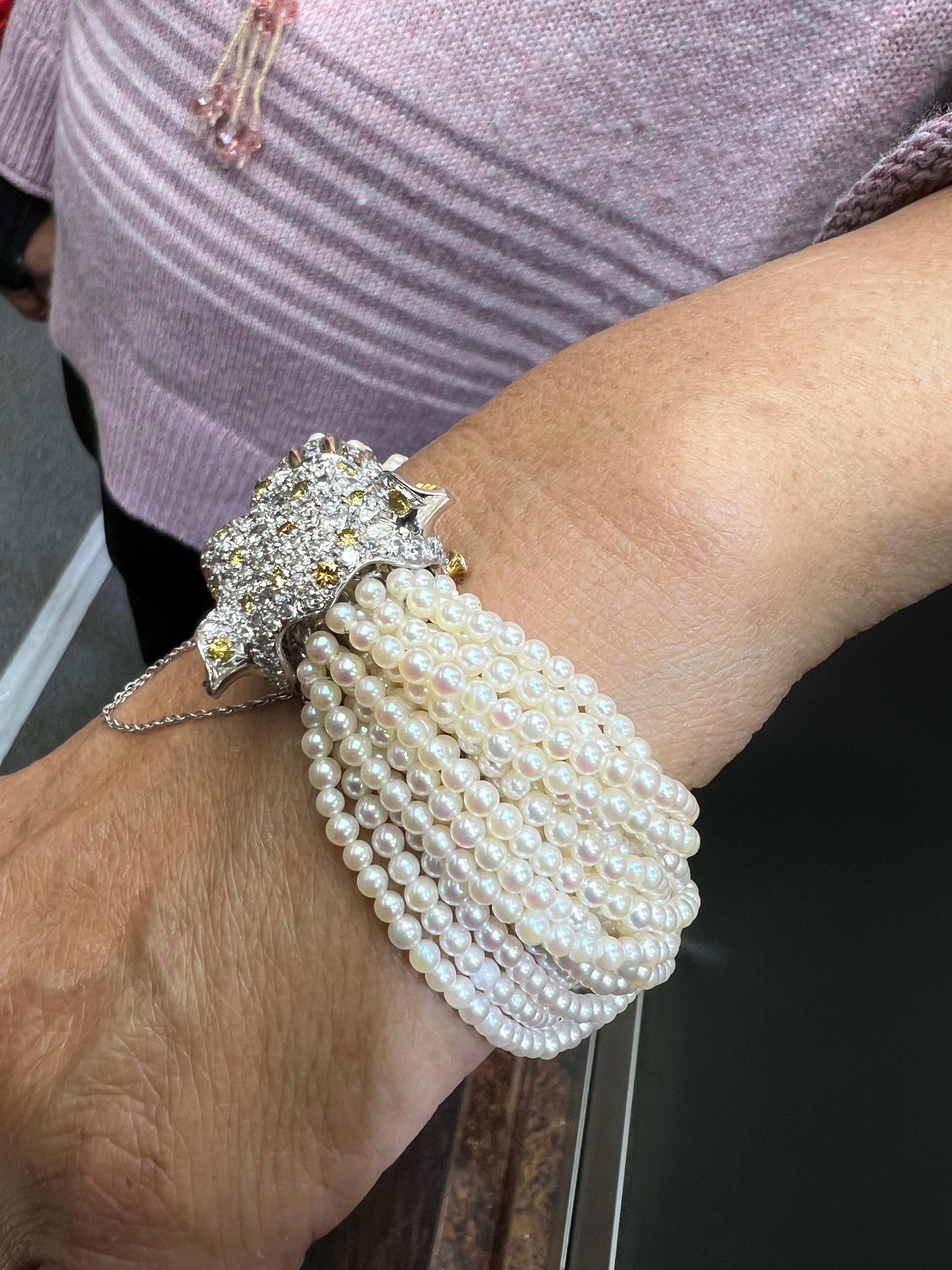 Modern 1960s Diamond Leopard Head Pearl And Gold Torsade Bracelet