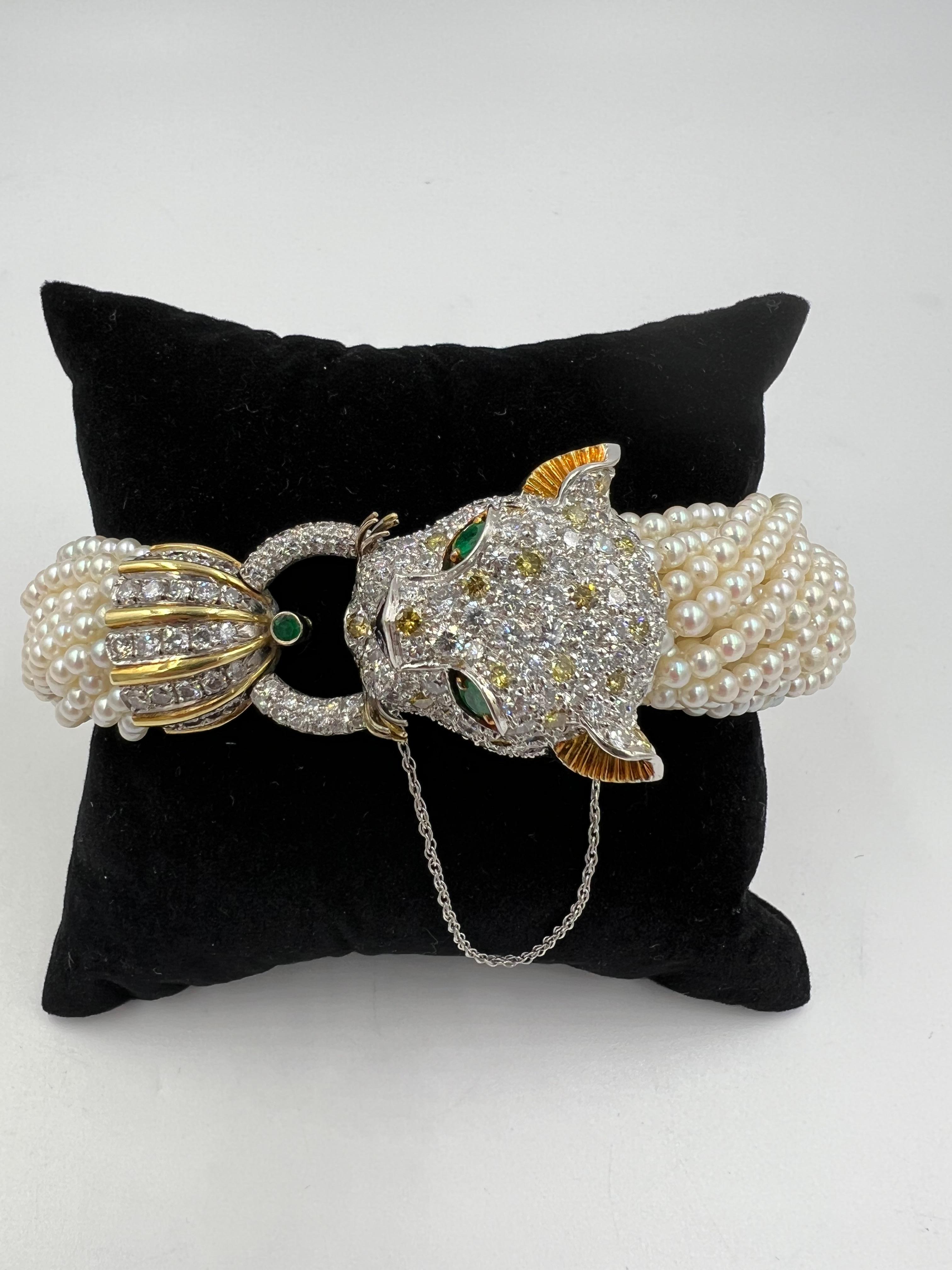 1960s Diamond Leopard Head Pearl And Gold Torsade Bracelet 1
