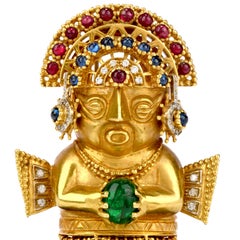 1960s Diamond Multi Stone 18 Karat Gold Pre-Colombian Figurine Pin Brooch