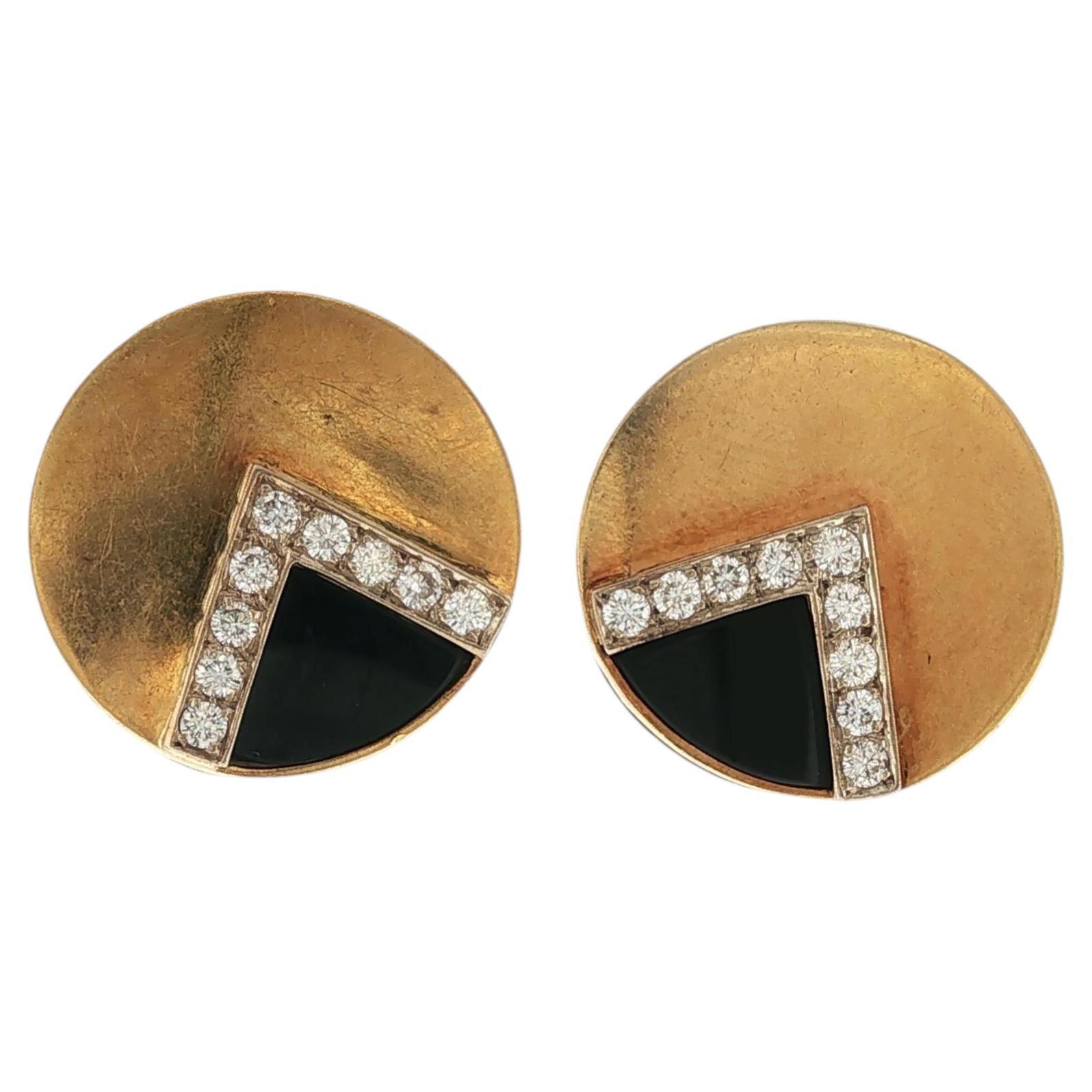 1960's Diamond & Onyx 18 Karat Yellow Gold Round Earclip Earrings