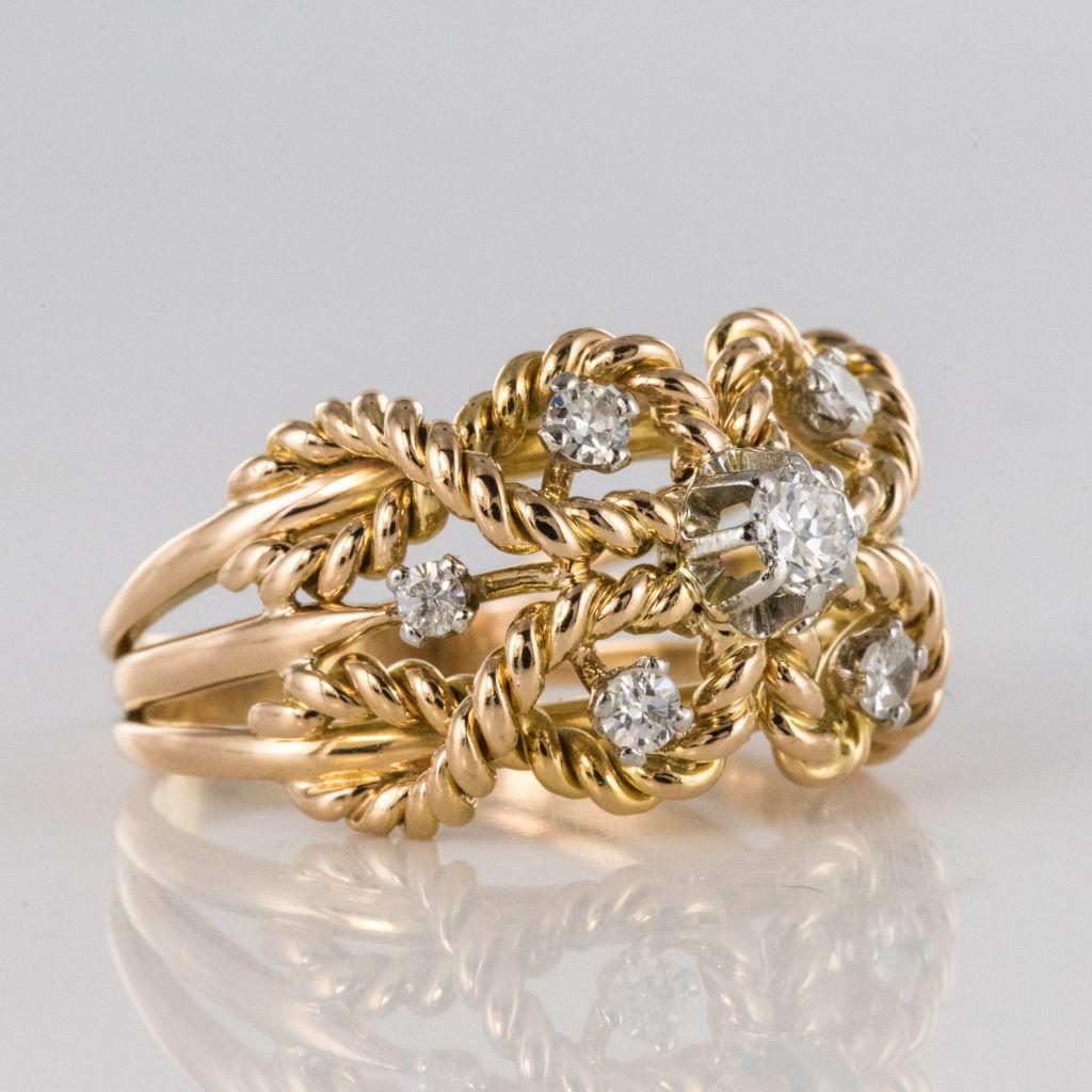 1960s Diamond Openwork 18 Karat Yellow Gold Cords Dome Ring 7