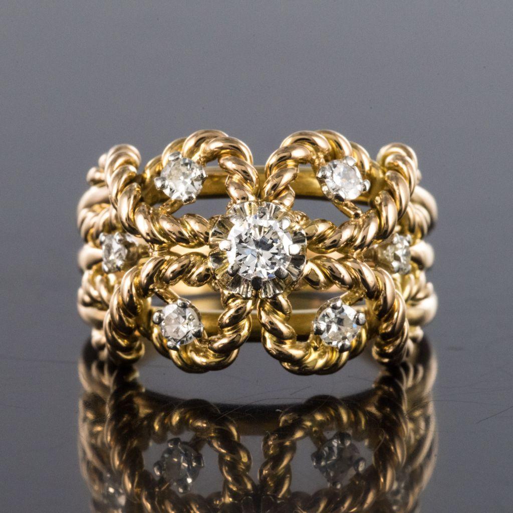 1960s Diamond Openwork 18 Karat Yellow Gold Cords Dome Ring 8