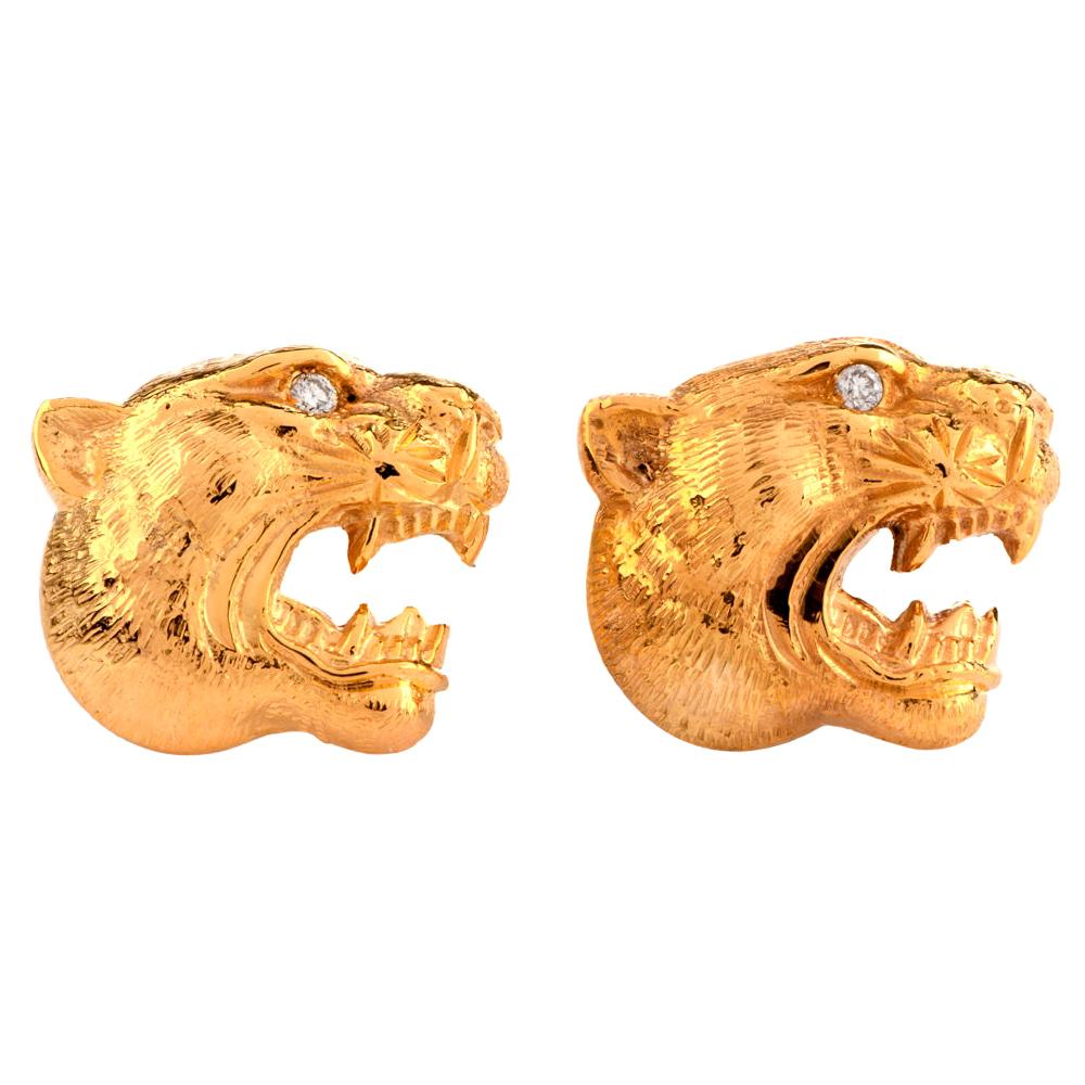 1960s Diamond Panther Head 18 Karat Yellow Gold Men’s Cufflinks