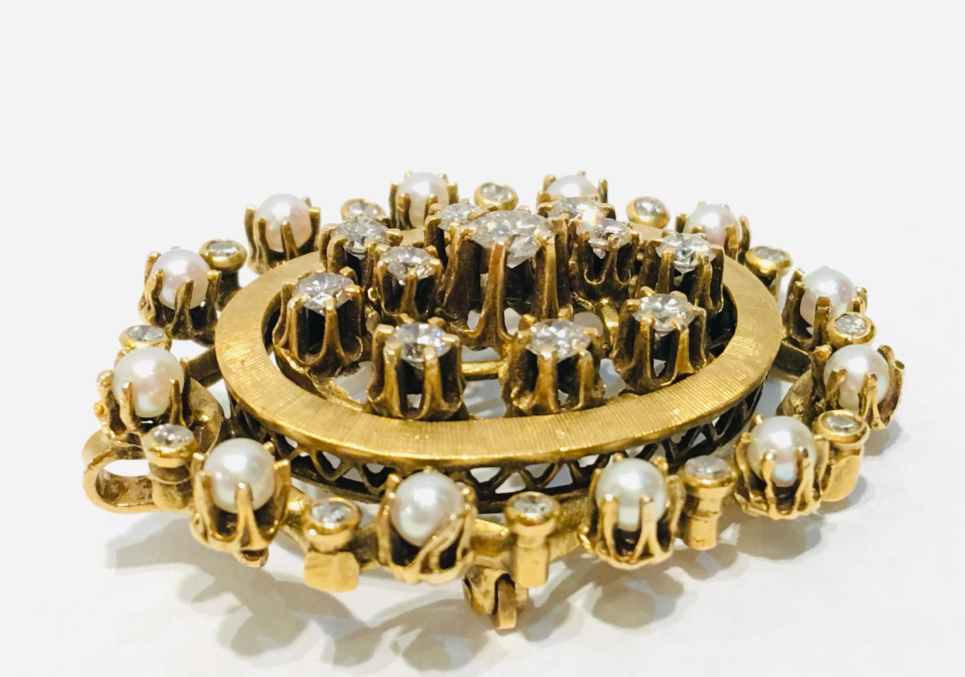 Women's 1960s Diamond Pearl Yellow Gold Brooch or Pendant