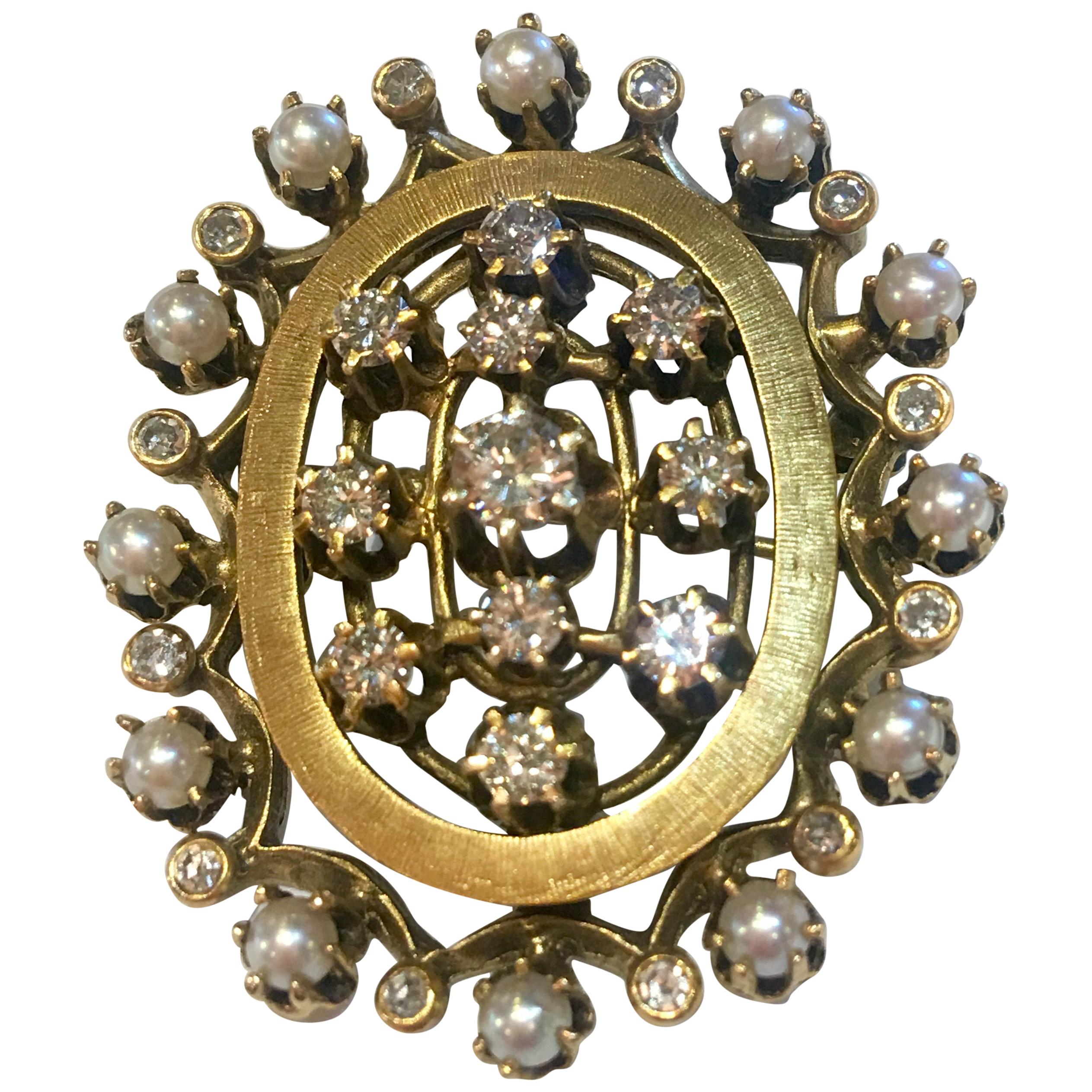 1960s Diamond Pearl Yellow Gold Brooch or Pendant