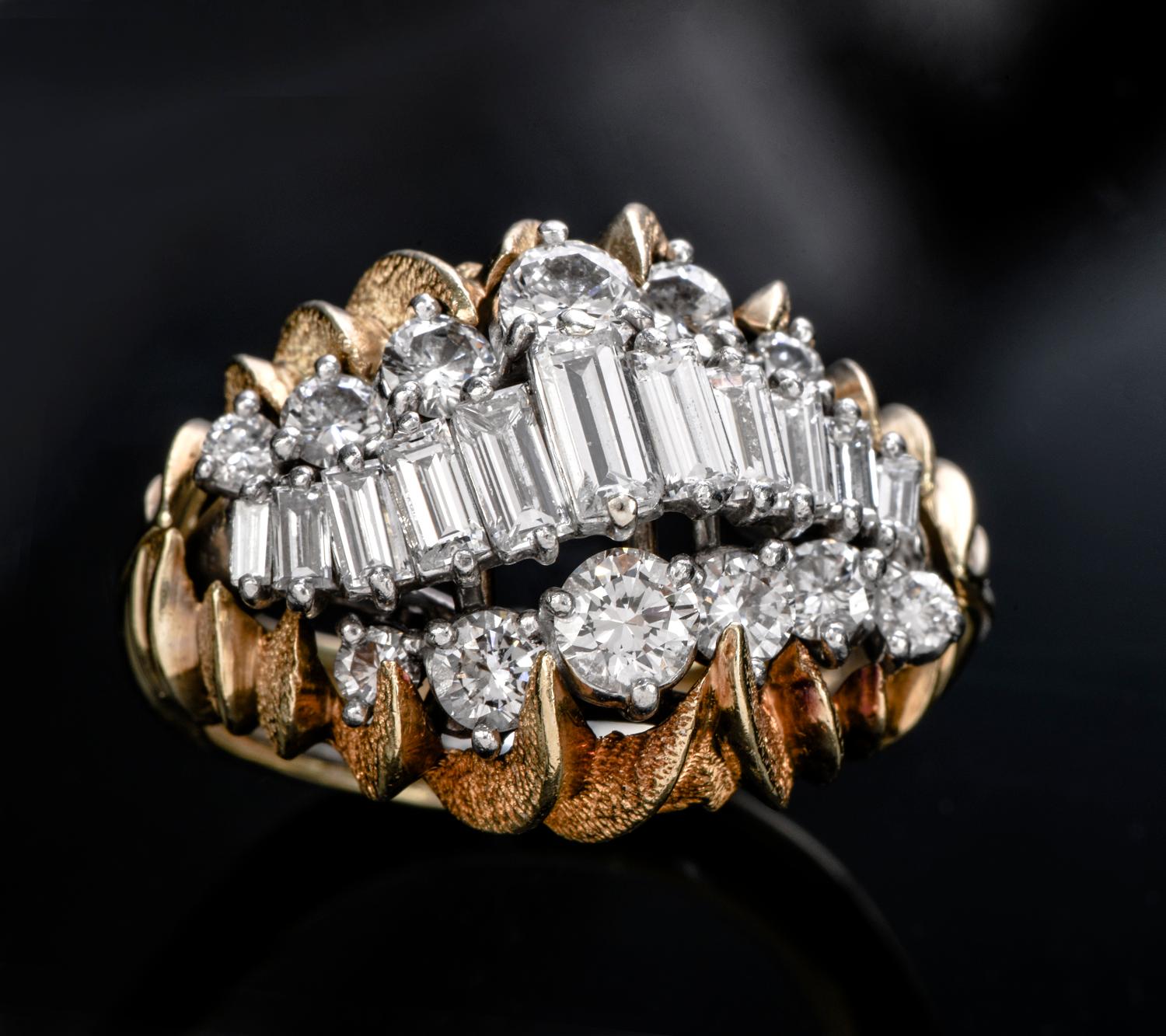 A stunning finish, for these mixed metals vintage rings! 

the outer side of this piece is crafted in solid 18K yellow gold with a textured finish, and the center is crafted in solid platinum,  

A tiara style cocktail cluster ring, with an (11)