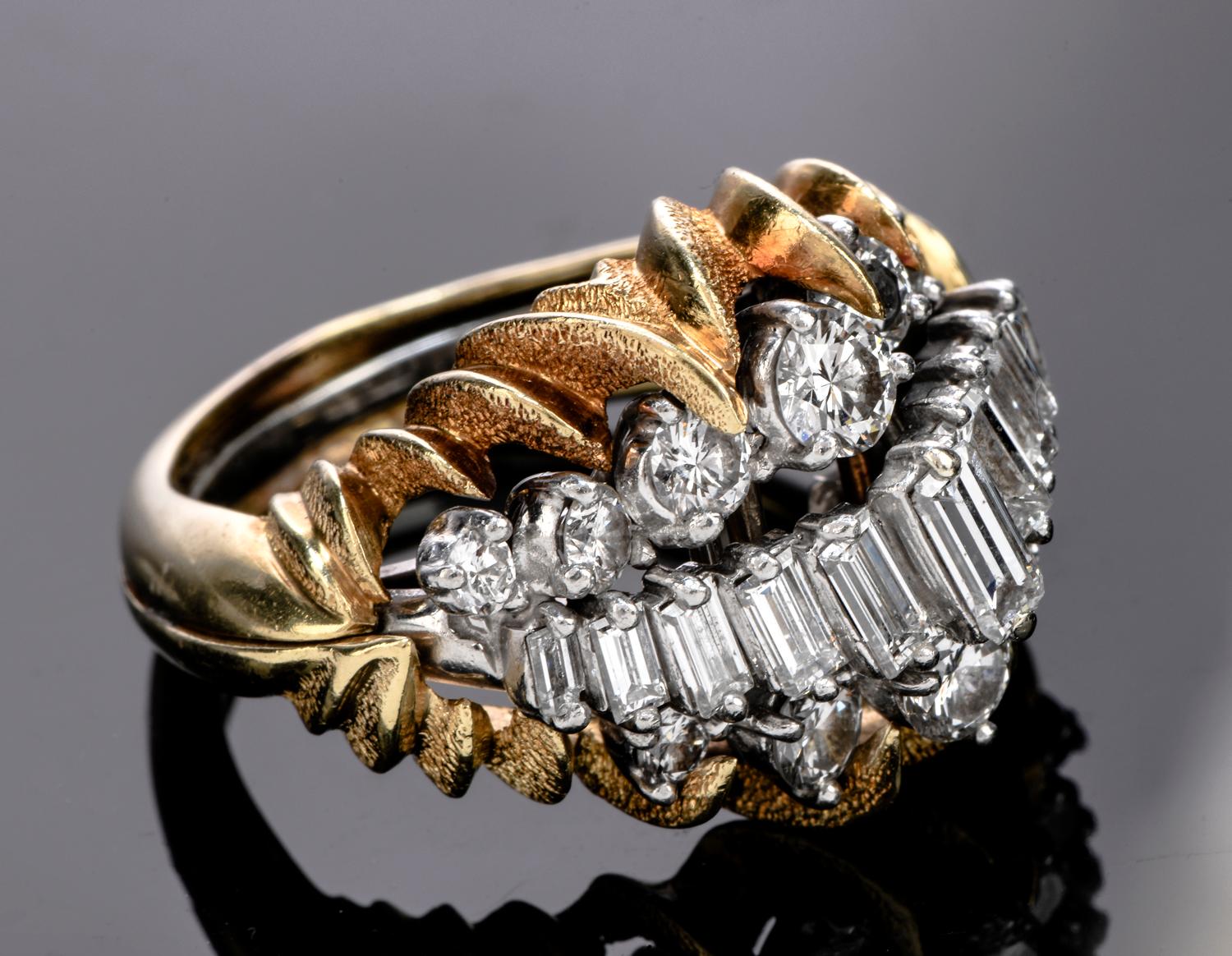 Retro 1960's Diamond Platinum 18k Gold Floral Heavy Cocktail Ring