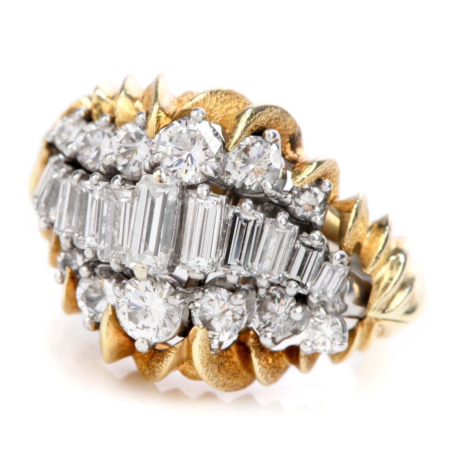 Baguette Cut 1960's Diamond Platinum 18k Gold Floral Heavy Cocktail Ring