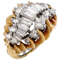 1960's Diamond Platinum 18k Gold Floral Heavy Cocktail Ring