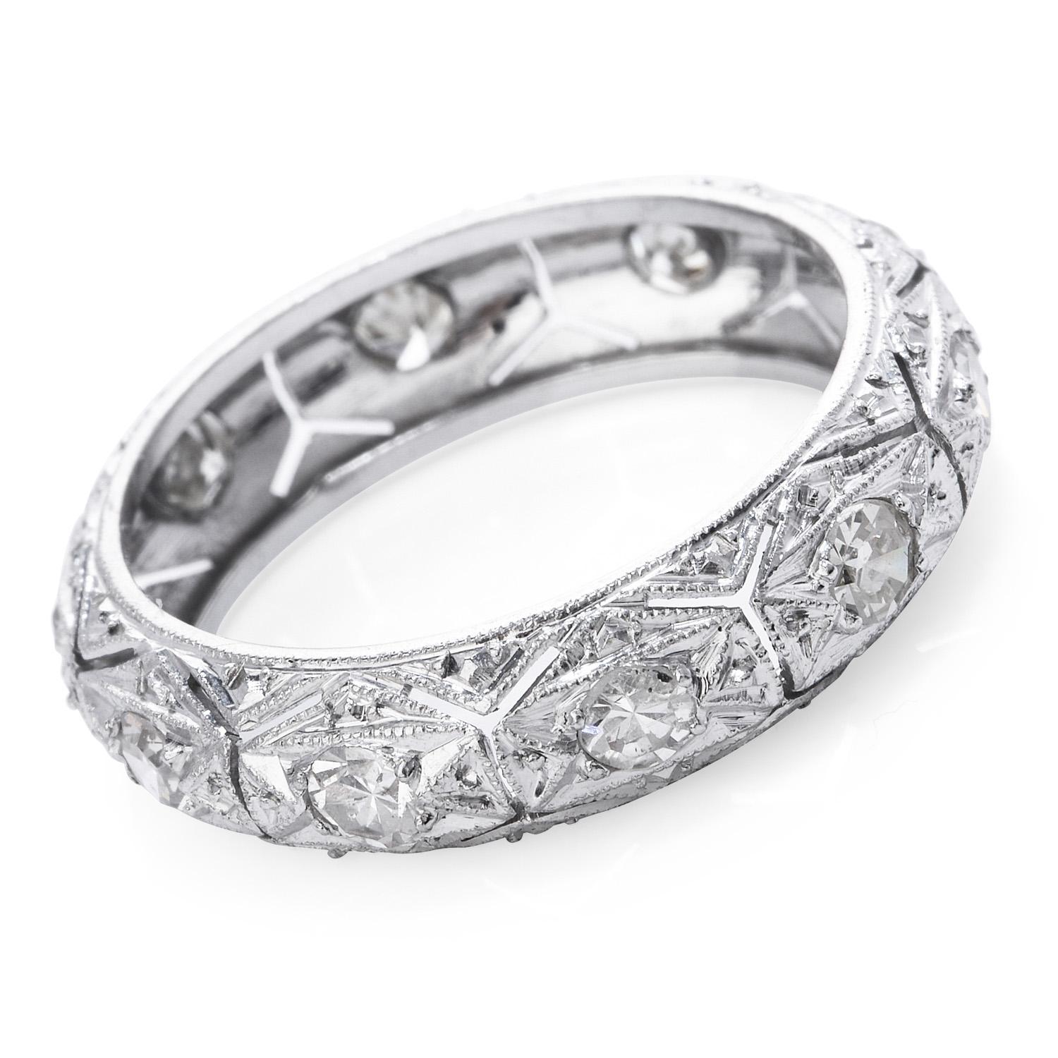 Vintage Art Deco Style Diamond wedding eternity band ring, perfect for unisex wearing.

Crafted in Platinum, the center is adorned by (10) round-cut, prong-set, genuine diamonds weighing in total 0.72 carats, (G-H color and VS-SI  Clarity),

This