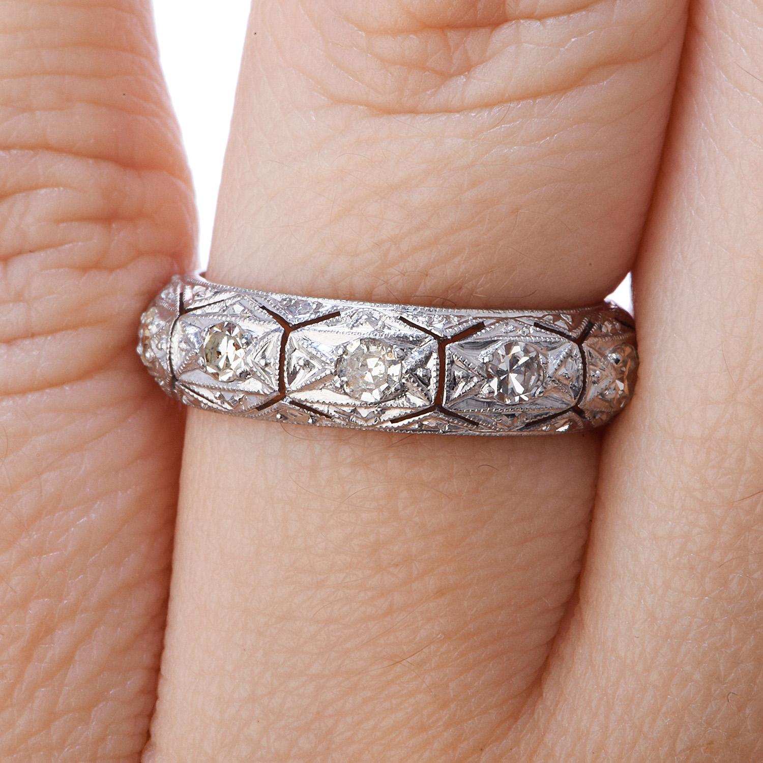 1960's Diamond Platinum Eternity Wedding Band Ring In Excellent Condition In Miami, FL