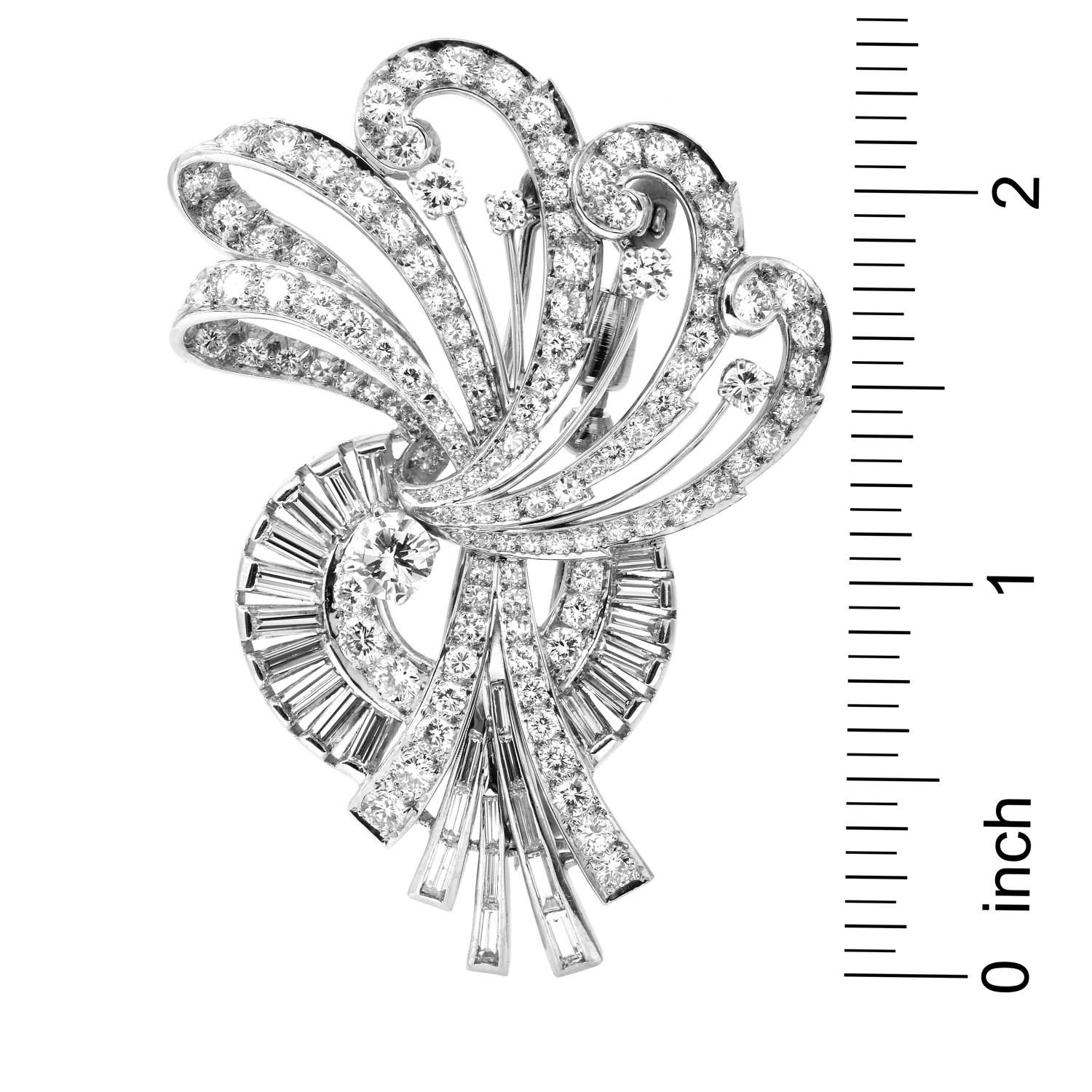 Round Cut 1960s Diamond Platinum Flower Wing Ribbon Brooch Pin