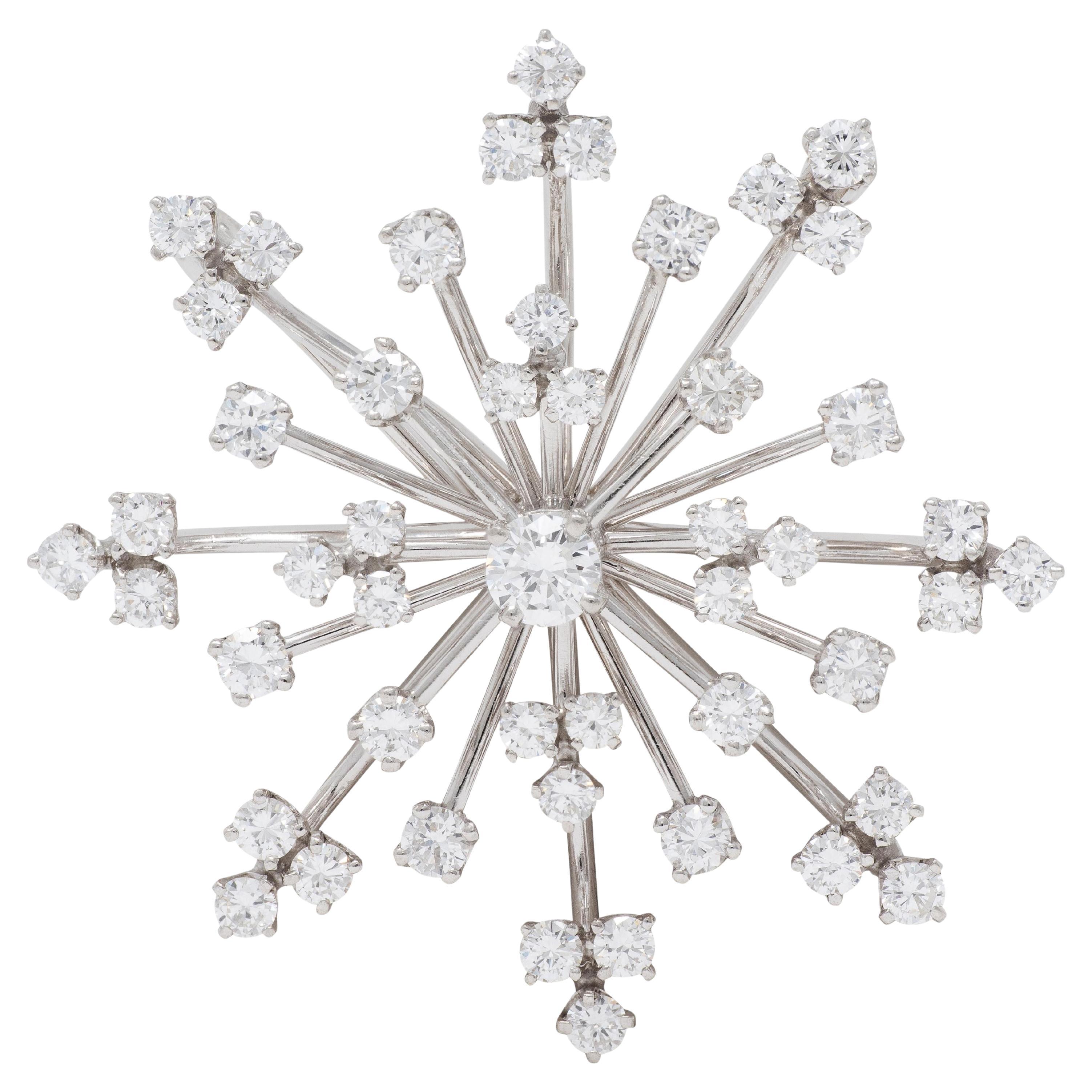 1960
s Diamond Platinum Vintage Starburst Snowflake Pendant Brooch