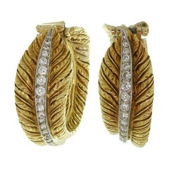 RETRO French Diamond Platinum 18k. Yellow Gold Feather Earrings
