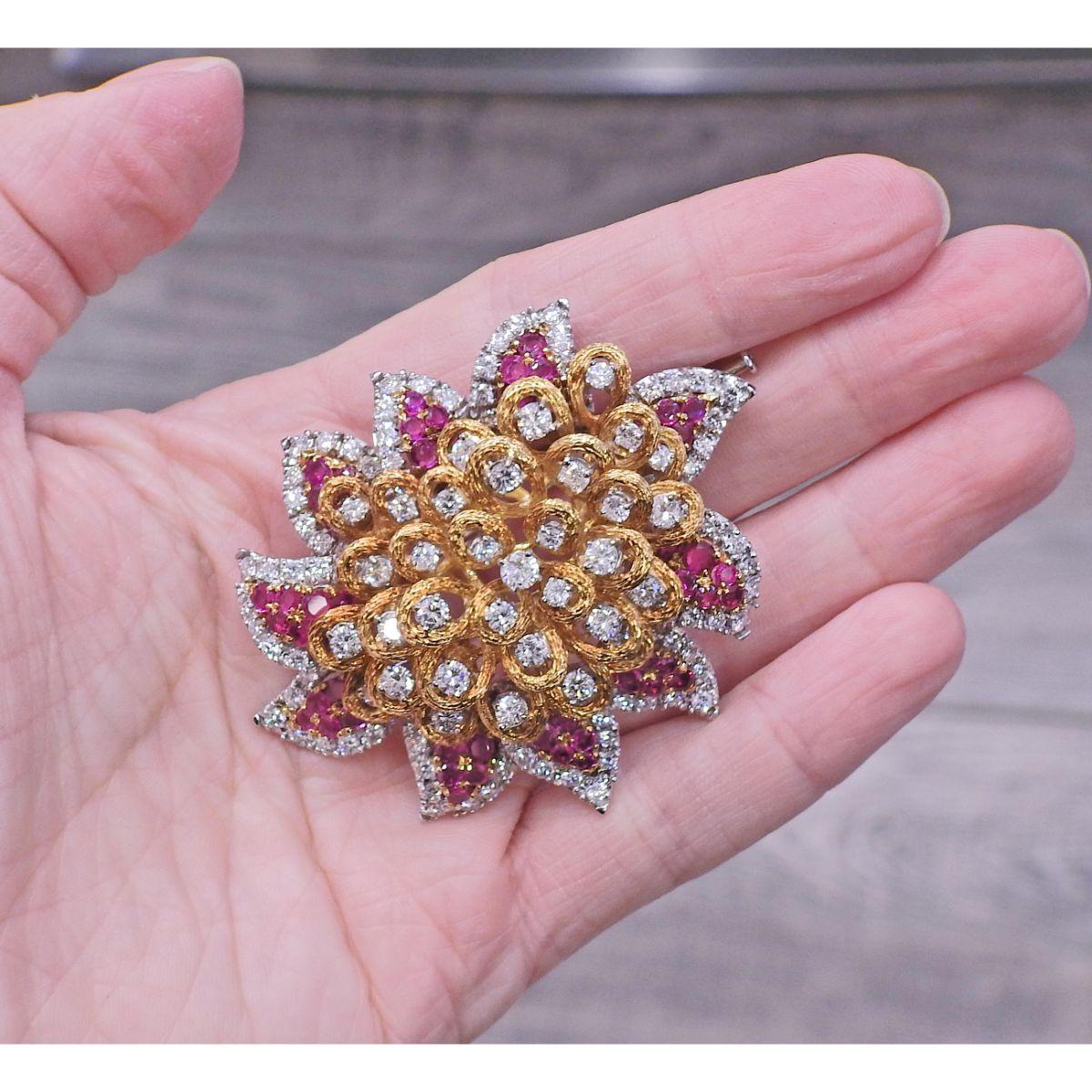 Round Cut 1960s Diamond Ruby Gold Earrings Ring Brooch Suite For Sale