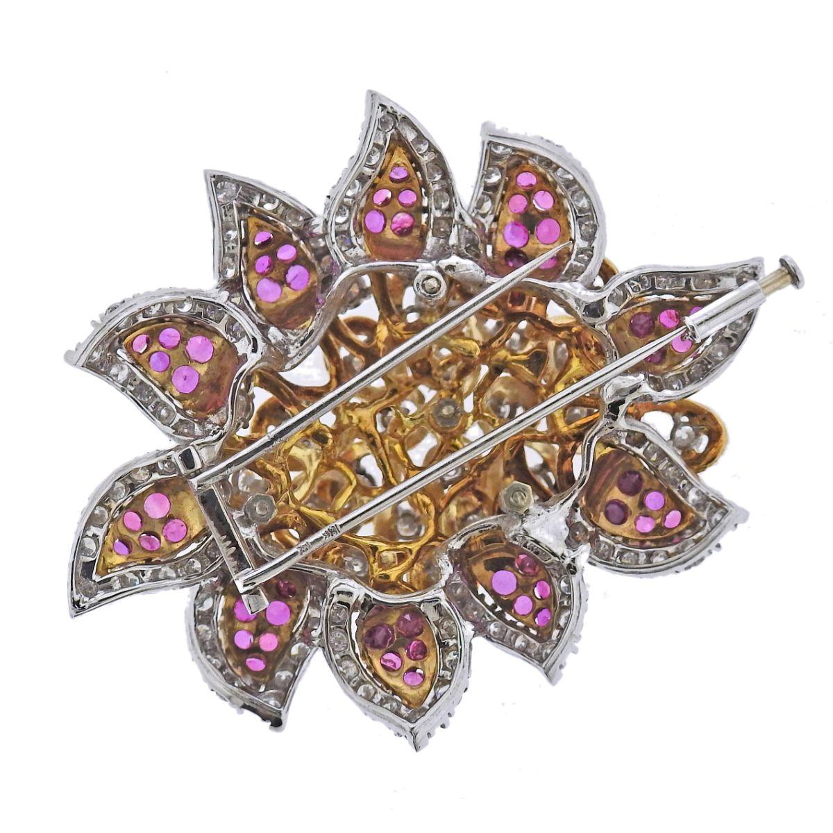 Women's 1960s Diamond Ruby Gold Earrings Ring Brooch Suite For Sale