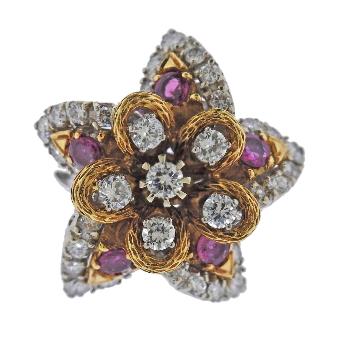 1960s Diamond Ruby Gold Earrings Ring Brooch Suite For Sale 3