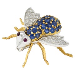 1960's Diamond Ruby Sapphire 18K Two-Tone Gold Vintage Bee Bug Brooch