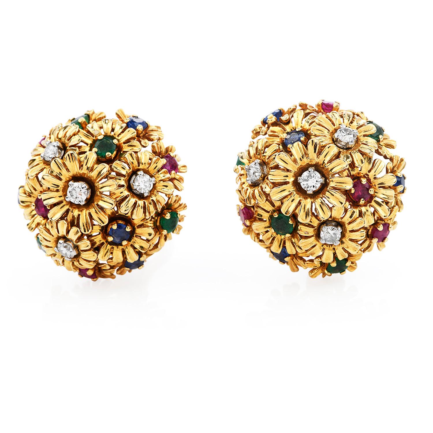 See life in Vivid colors with these exquisite 1960s Diamond, Ruby, Sapphire, and Emerald Floral Clip On Earrings

with a total approximate weight of 30.9 grams.

Expertly Crafted in Solid 18K yellow gold, this piece is composed by

(8) Genuine