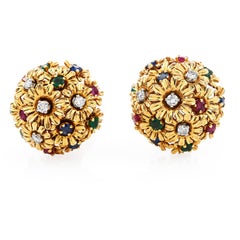 1960s Diamond Ruby Sapphire Emerald 18K Gold Clip on Stud Earrings