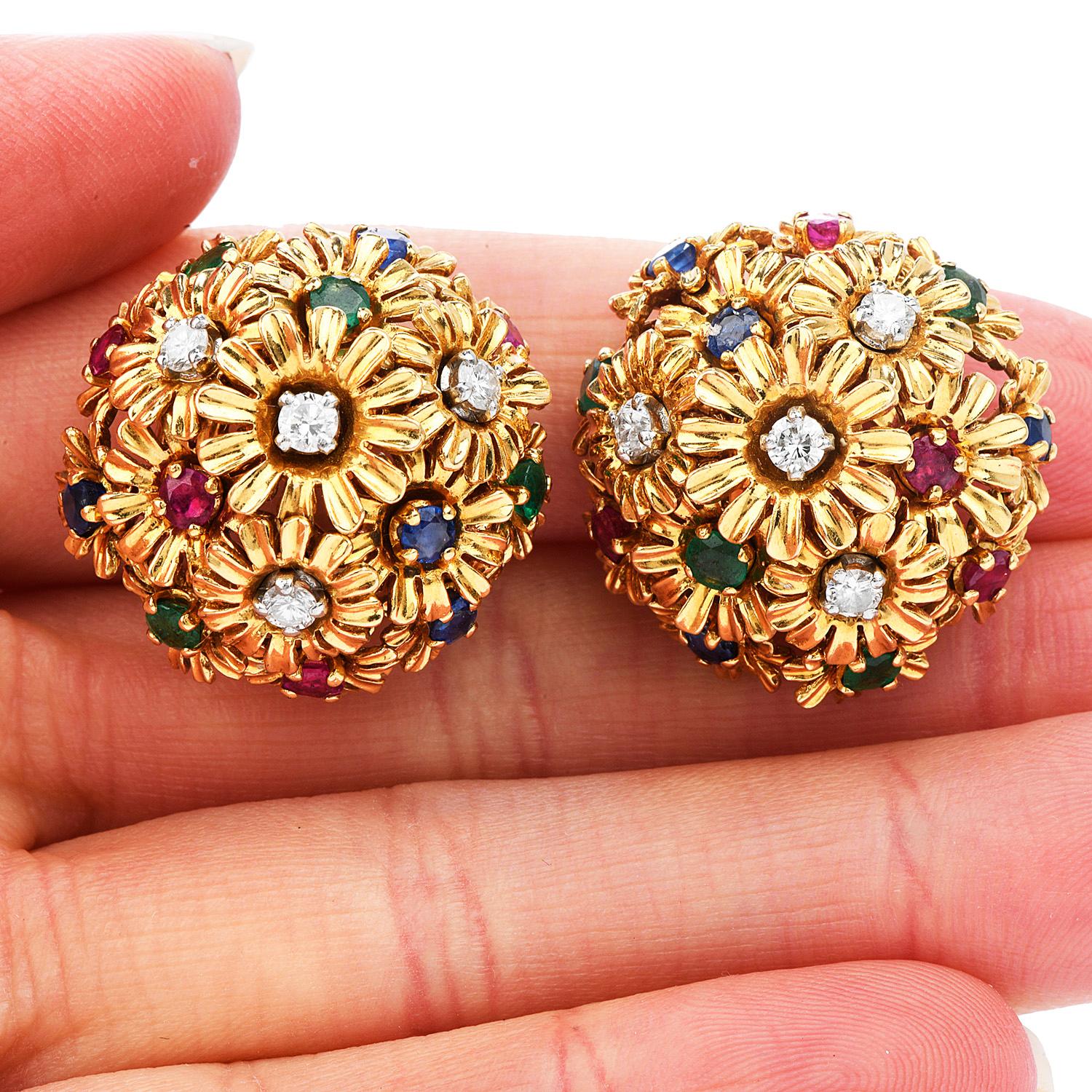 Round Cut 1960s Diamond Ruby Sapphire Emerald 18K Gold Clip on Stud Earrings