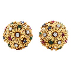 1960s Diamond Ruby Sapphire Emerald 18K Gold Clip on Stud Earrings