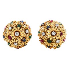 Orecchini a clip in oro 18K con diamante, rubino, zaffiro e smeraldo del 1960