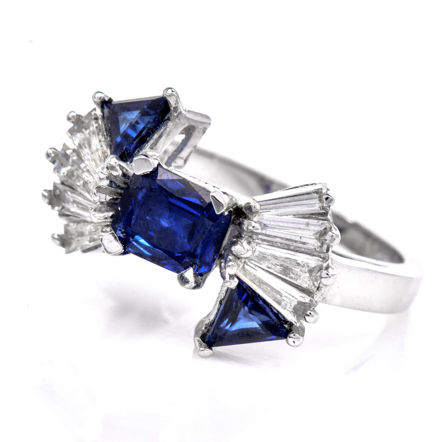 Retro 1960s Diamond Sapphire 18K Gold Bow Designed Ring  For Sale
