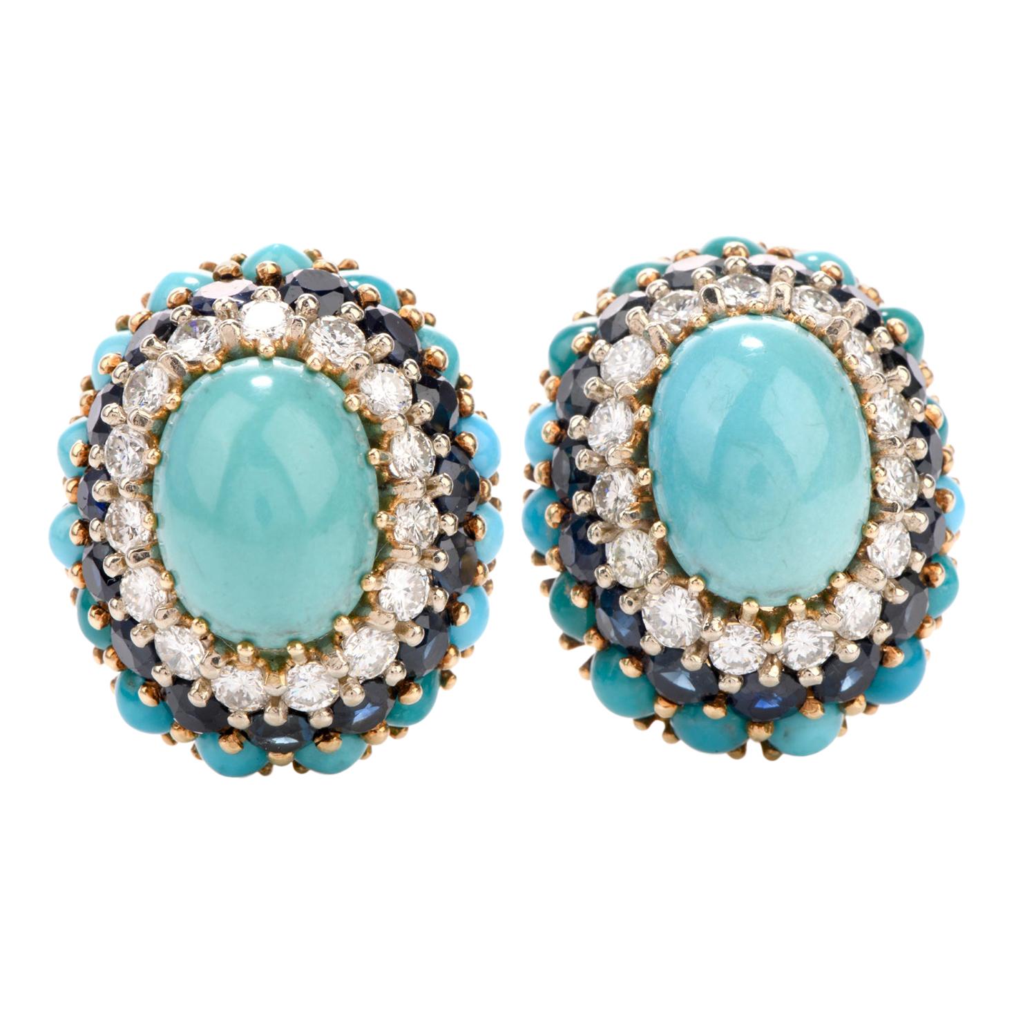 1960s Diamond Sapphire and Turquoise 18 Karat Clip-On Earrings